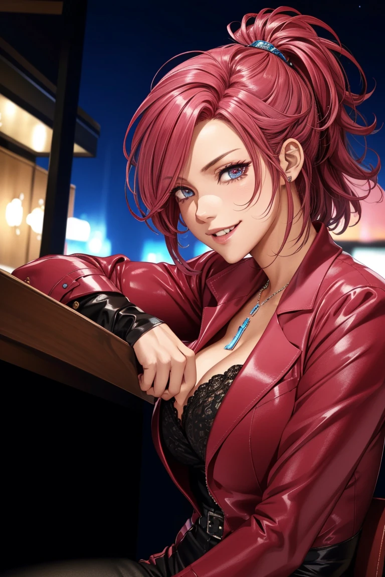 Portrait of Elexissinclaire 、Ingrid,(Demon Knight Ingrid),( brown skin),( pink hair)、 wearing an ES jacket sitting at a club bar at night, wicked smile, (masterpiece) (Best Quality) (  Details) (8k) ( high definition) ( wallpaper) (  cinematic writing) ( sharp concentration) (Complex)