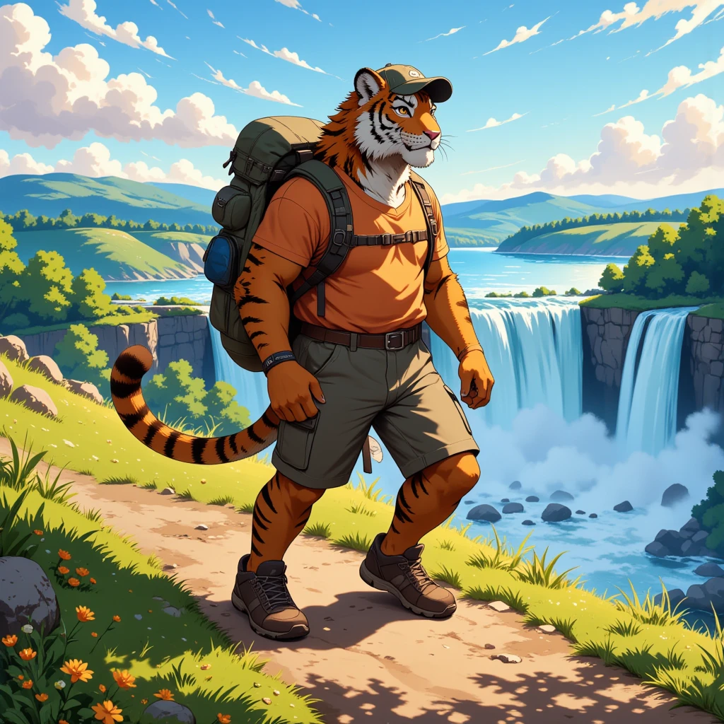 character focus, full body, looking away, from above, dynamic angle, american country, backpacker, middle-aged tiger man, BREAK happy, little smile, clothed, jacket, shirt, backpack, baseball cap, half pants, sneaker, standing, hiking, dynamic pose, complete anatomy, perfect proportions, beautiful thigh gap, fluffy body, intricate fur details, beautiful fur texture, BREAK (a detailed tiger 1tail), detailed sneaker, beautiful foot, BREAK detailed hands, 5fingers, 5fingers nails, BREAK aesthetic anime face, insanity detailed face, male face, big face, square jawline, aesthetic anime eyes, detailed brown eyes, detailed brown cornea, detailed dark brown irises, detailed pupils, male eyes, big eyes, male eyebrows, innocent look, beautiful beard, BREAK full body in Michelangelo Buonarroti style, housamo style, watercolor-style, detailed painting landscape, afternoon, hillside, niagara falls, outdoor, full color, HDR, BREAK masterpiece, official art, best quality, very aesthetic, absurdres, super fine illustration, great quality, BREAK noise reduction, very highres, large filesize, high quality, 32K, 8k wallpaper, dynamic lighting, BREAK insanity detailed, ultra detailed, intricate details, extremely detailed, detailed texture, an extremely delicate and beautiful, full color, HDR, BREAK e621 illustration, osukemo, kemohomo, anthropomorphic, furry, cartoon, harmonious body, pastoral face, virtuous eyes, country atmosphere