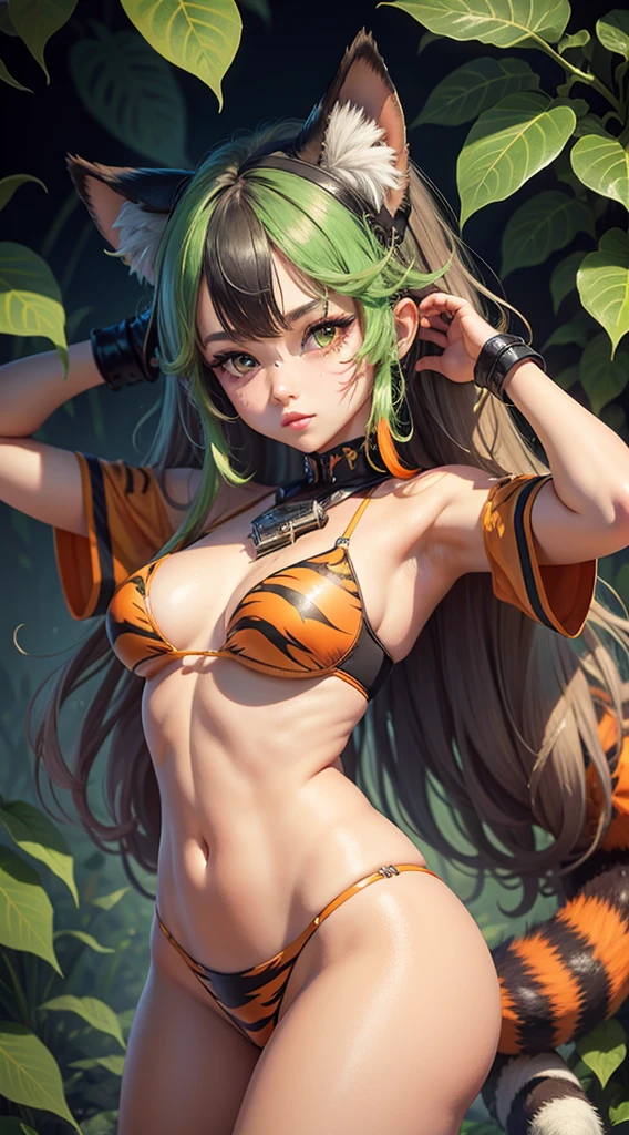 Ram Invaders, detailed, reality, (Tiger Stripes: 1.2), (cat lingerie:.8), Green Hair、Yellow clothes, Fur Bikini, masterpiece, Highest quality, employment, Open your mouth, tooth, ultra-detailed, Variegated eyes, Beautiful Eyes, detailed face, beautiful girl, Large Breasts, Blushing、Jumping