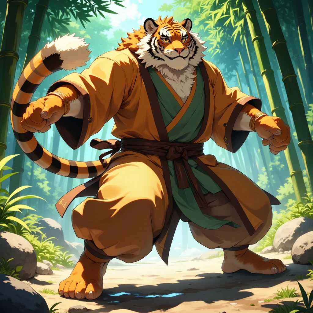 character focus, full body, looking away, dynamic angle, monk, a middle-aged tiger man, costume clothes, robe, shirt, pants, standing, action, kick, dynamic pose, BREAK full body in Michelangelo Buonarroti style, housamo style, digital illustration anime, detailed painting landscape, chinese bamboo forest, outdoor, full color, HDR, BREAK complete anatomy, perfect proportions, beautiful thigh gap, fluffy body, intricate fur details, beautiful fur texture, BREAK a detailed tiger 1tail, detailed toe, 5toes, 5toes nails, beautiful foot, detailed hands, 5fingers, 5fingers nails, BREAK aesthetic anime face, insanity detailed face, male face, big face, square jawline, aesthetic anime eyes, detailed brown eyes, detailed brown cornea, detailed dark brown irises, detailed pupils, male eyes, big eyes, male eyebrows, innocent look, beautiful beard, BREAK masterpiece, official art, best quality, very aesthetic, absurdres, super fine illustration, great quality, BREAK noise reduction, very highres, large filesize, high quality, 32K, 8k wallpaper, dynamic lighting, BREAK insanity detailed, ultra detailed, intricate details, extremely detailed, detailed texture, an extremely delicate and beautiful, BREAK e621 illustration, osukemo, kemohomo, anthropomorphic, furry, cartoon, harmonious body, pastoral face, virtuous eyes, epic atmosphere