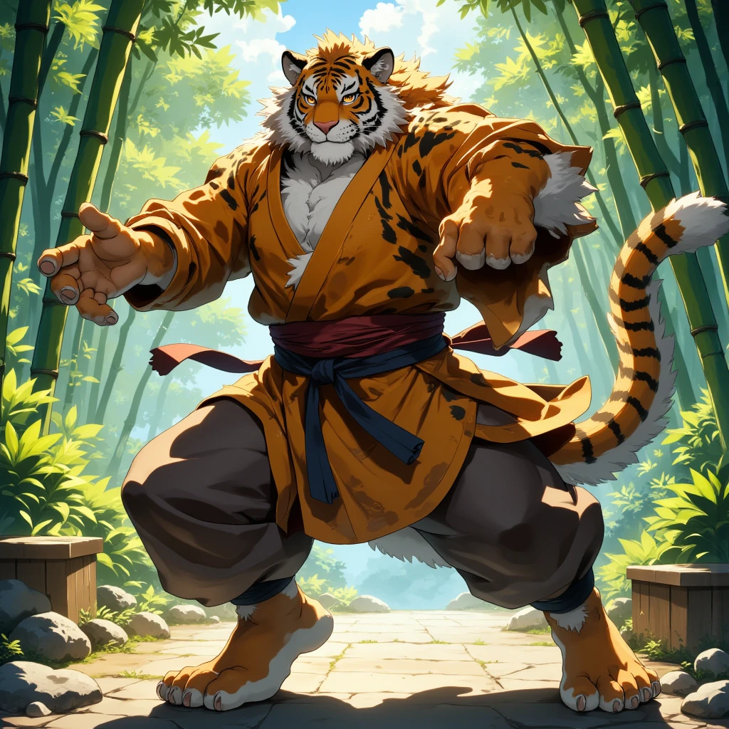 character focus, full body, looking away, dynamic angle, monk, a middle-aged tiger man, costume clothes, robe, shirt, pants, standing, action, kick, dynamic pose, BREAK full body in Michelangelo Buonarroti style, housamo style, digital illustration anime, detailed painting landscape, chinese bamboo forest, outdoor, full color, HDR, BREAK complete anatomy, perfect proportions, beautiful thigh gap, fluffy body, intricate fur details, beautiful fur texture, BREAK a detailed tiger 1tail, detailed toe, 5toes, 5toes nails, beautiful foot, detailed hands, 5fingers, 5fingers nails, BREAK aesthetic anime face, insanity detailed face, male face, big face, square jawline, aesthetic anime eyes, detailed brown eyes, detailed brown cornea, detailed dark brown irises, detailed pupils, male eyes, big eyes, male eyebrows, innocent look, beautiful beard, BREAK masterpiece, official art, best quality, very aesthetic, absurdres, super fine illustration, great quality, BREAK noise reduction, very highres, large filesize, high quality, 32K, 8k wallpaper, dynamic lighting, BREAK insanity detailed, ultra detailed, intricate details, extremely detailed, detailed texture, an extremely delicate and beautiful, BREAK e621 illustration, osukemo, kemohomo, anthropomorphic, furry, cartoon, harmonious body, pastoral face, virtuous eyes, epic atmosphere