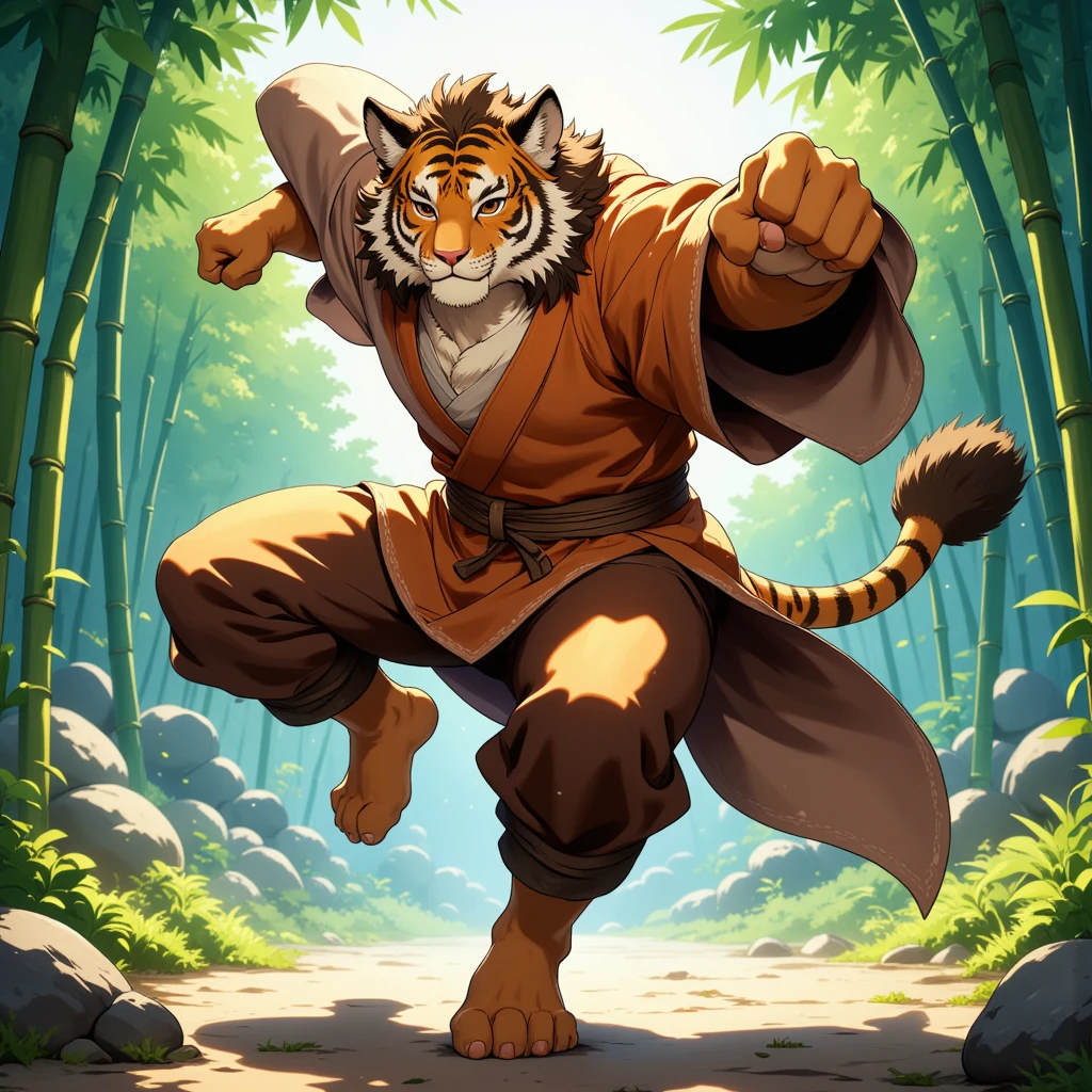 character focus, full body, looking away, dynamic angle, monk, a middle-aged tiger man, costume clothes, robe, shirt, pants, standing, action, kick, dynamic pose, BREAK full body in Michelangelo Buonarroti style, housamo style, digital illustration anime, detailed painting landscape, chinese bamboo forest, outdoor, full color, HDR, BREAK complete anatomy, perfect proportions, beautiful thigh gap, fluffy body, intricate fur details, beautiful fur texture, BREAK a detailed tiger 1tail, detailed toe, 5toes, 5toes nails, beautiful foot, detailed hands, 5fingers, 5fingers nails, BREAK aesthetic anime face, insanity detailed face, male face, big face, square jawline, aesthetic anime eyes, detailed brown eyes, detailed brown cornea, detailed dark brown irises, detailed pupils, male eyes, big eyes, male eyebrows, innocent look, beautiful beard, BREAK masterpiece, official art, best quality, very aesthetic, absurdres, super fine illustration, great quality, BREAK noise reduction, very highres, large filesize, high quality, 32K, 8k wallpaper, dynamic lighting, BREAK insanity detailed, ultra detailed, intricate details, extremely detailed, detailed texture, an extremely delicate and beautiful, BREAK e621 illustration, osukemo, kemohomo, anthropomorphic, furry, cartoon, harmonious body, pastoral face, virtuous eyes, epic atmosphere