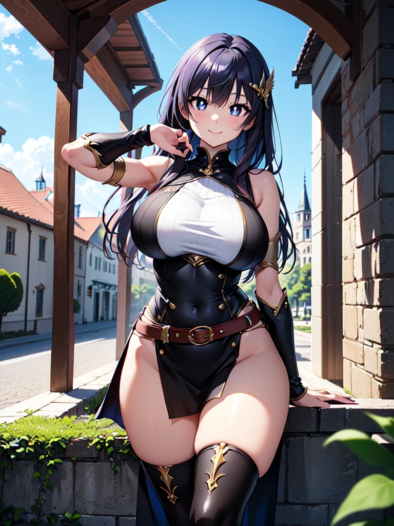 (makes an aesthetic:1.2,Master piece,Best Quality:1.5,all detailed,ultra detailed:1.2,extremely detailed CG unity 8k wallpaper:1.2,intricate details,Anime),((1girl:2,solo:2,15year old,beautiful girl:2,big breasts:2,curvy:1.2)),((sword hair ornaments:2,long hair:2,straight hair,beautiful black hair:2,purple eyes:2,perfect eyes:2,bright pupils:1.2, white pupils:1.2,anime eyes)),(white skin),(female knight:1.6,Belt long sword:2,female armor:1.8,cuirass:1.5.fantasy world,in the noon,beautiful castle:1,2),smiling,(front:2,salute with right hand)