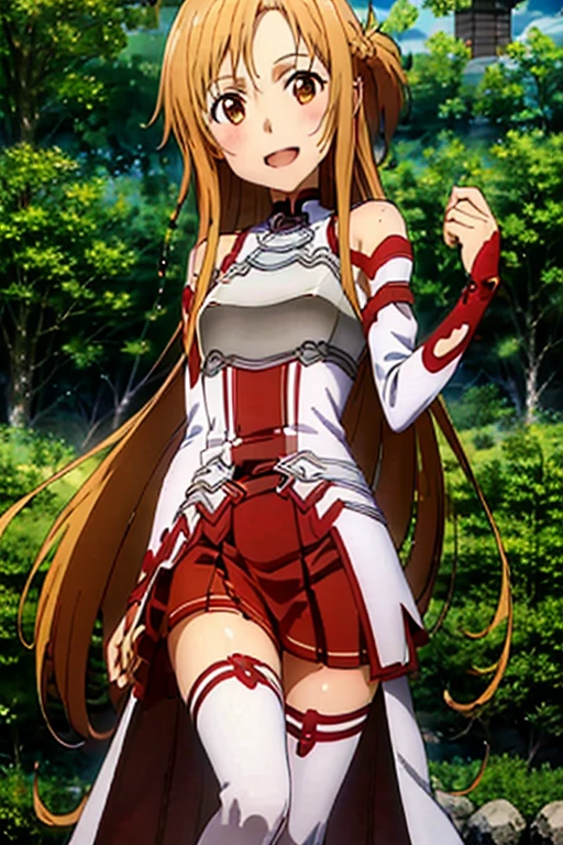 ((Best Quality)), ((masterpiece)), (be familiar with),  perfect face, indoor, bedroom,  watching viewers,
One woman, Yuuki Asuna,
 characters with open mouth ,  ecstatic expression , blush, smile,
Small breasts,  flat chest, , ,  kids, Girl,
Long Hair,  long hair,
Leg spread,