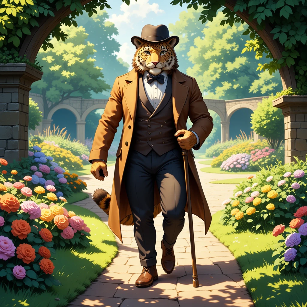 character focus, full body, looking away, dynamic angle, gentleman, middle-aged british jaguar man, elegant, little smile, gentleman suit, silk hat, stylish walking stick, strolling, elegant pose, BREAK BREAK full body in Michelangelo Buonarroti style, housamo style, digital illustration anime, detailed landscape design, afternoon, elegant english garden, path, full color, HDR, BREAK complete anatomy, perfect proportions, beautiful thigh gap, fluffy body, intricate fur details, beautiful fur texture, BREAK a detailed jaguar 1tail, detailed boots, detailed foot, detailed hands, 5fingers, 5fingers nails, BREAK aesthetic anime face, insanity detailed face, male face, big face, square jawline, aesthetic anime eyes, detailed brown eyes, detailed brown cornea, detailed dark brown irises, detailed pupils, male eyes, big eyes, male eyebrows, innocent look, beautiful beard, BREAK masterpiece, official art, best quality, very aesthetic, absurdres, super fine illustration, great quality, BREAK noise reduction, very highres, large filesize, high quality, 32K, 8k wallpaper, dynamic lighting, BREAK insanity detailed, ultra detailed, intricate details, extremely detailed, detailed texture, an extremely delicate and beautiful, BREAK e621 illustration, osukemo, kemohomo, anthropomorphic, furry, cartoon, harmonious, pastoral face, virtuous eyes, gentle atmosphere