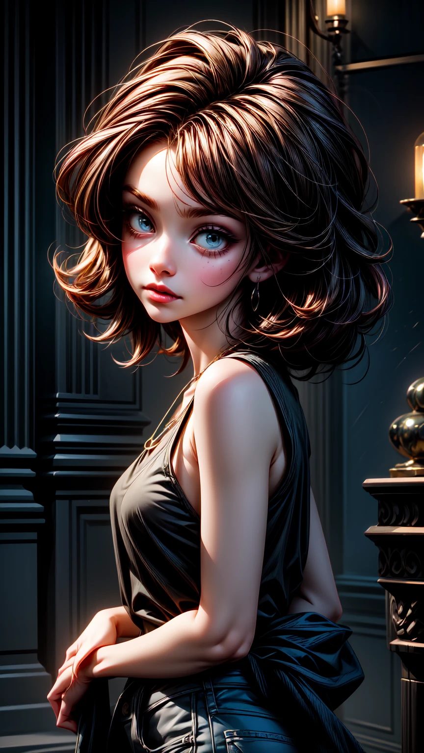  (masterpiece), semi-realism, anime studio, 1girl, expressive eyes, beautiful makeup, beautiful face, pale white face, goth makeup, black mascara, black eye shadow, young woman, ethereal, gothic look, ((short black hair)), dark clothing, black tank top, jeans, ((pale white skin)), silver ankh pendant, calm expression, smiling, mysterious, friendly, standing in a dimly lit urban setting with shadows and subtle mystical elements, evoking a supernatural, modern fantasy atmosphere, foggy, night-time, add_detail:-1, Goth_EGirl