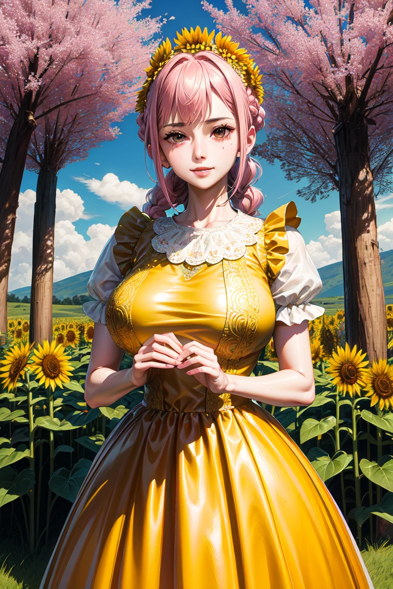 masterpiece, (( super detailed background ,  delicate pattern,  intricate details )), ( high definition,  Sex), Best Quality,   Beautiful Lighting Pictures with Disgust , ( Portrait ),  Rebecca,  1 girl, Alone,  braided ,  Pink Hair, Long Hair, (( Slim Girl , medium breasts,  cowboy shot)), smile, Yellow Dress, Fluffy Dress,  Brown Eyes ,  intricate and detailed background,  sunflower, Field, outside, natural environment, blue null, null, tree,  maid clothes