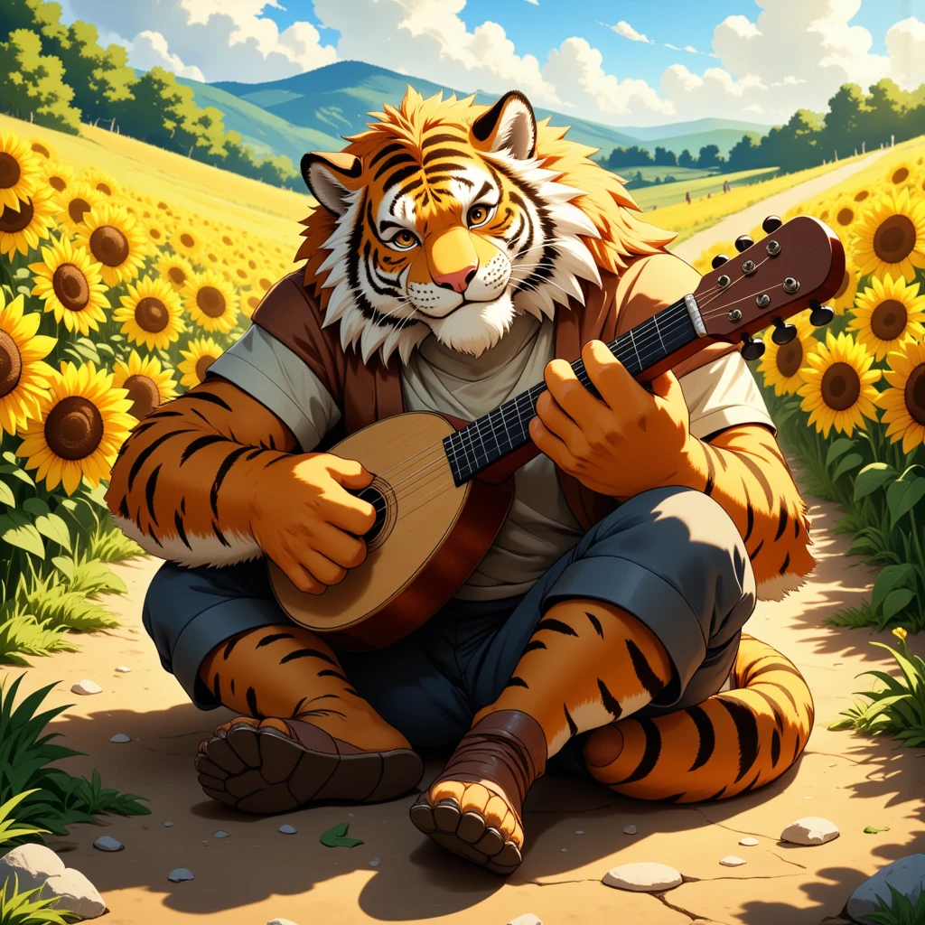 character focus, full body, looking away, dynamic angle, bard, middle-aged tiger man, happy, little smile, lute, costume clothes, shirt, pants, boots, sitting, musical performance, BREAK full body in Michelangelo Buonarroti style, housamo style, digital illustration anime, detailed landscape design, afternoon, path, sunflower field, outdoor, full color, HDR, BREAK complete anatomy, perfect proportions, beautiful thigh gap, fluffy body, intricate fur details, beautiful fur texture, BREAK a detailed tiger 1tail, detailed toe, 5toes, 5toes nails, detailed foot, detailed hands, 5fingers, 5fingers nails, BREAK aesthetic anime face, insanity detailed face, male face, big face, square jawline, aesthetic anime eyes, detailed brown eyes, detailed brown cornea, detailed dark brown irises, detailed pupils, male eyes, big eyes, male eyebrows, innocent look, beautiful beard, BREAK masterpiece, official art, best quality, very aesthetic, absurdres, super fine illustration, great quality, BREAK noise reduction, very highres, large filesize, high quality, 32K, 8k wallpaper, dynamic lighting, BREAK insanity detailed, ultra detailed, intricate details, extremely detailed, detailed texture, an extremely delicate and beautiful, BREAK e621 illustration, osukemo, kemohomo, anthropomorphic, furry, cartoon, harmonious, pastoral face, virtuous eyes, epic atmosphere