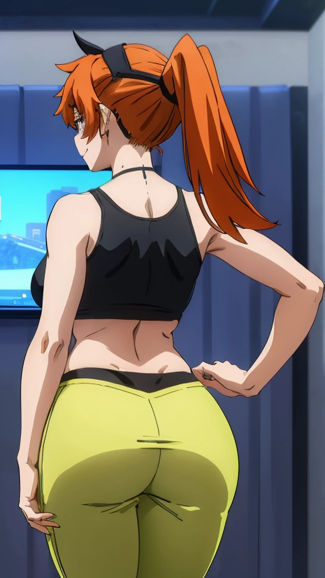 (Better quality:1.3), (4K quality), Good composition, bright green light, Headrest, Lips, ( long hair  atado bajo, (day:1.2), (smiling smile), gym, top black, Exercise, ((black micro top )),  huge thighs , Show ass on screen  [Kendou Itsuka], [ Boku no hero Academia], (( masterpiece )), ((Alta definición)), (( high quality)),  Beautiful anime girl showing her ass, anime badass 8k,  better noise removal , La Better quality, best render ,  orange hair , tied hair,  long hair ,  long hair  atado,  wide hips, cintura slim, muscle girl, hidden hands, Full arms, without errors,  long hair  atado, high ponytail on the left side of her head , hide breasts ,  ponytail on the left of her head part of her hair stands up in large tufts on the top of her head, no mask, Cover face , girl turning her back,  anime girl not looking at the camera,  girl looking forward , don't show your face , girl turning her back,  cover face ,  orange hair , orange hair,  covered breasts , wearing a black sporty top ,  wearing black sports pants, top black, hide breasts , pert butt, round ass,  hourglass figure , slim, blushing,  focus on the butt , (From behind: 1,9), parada de espaldas, presenting backside, walking away from the camera, taking a step away from the camera 
