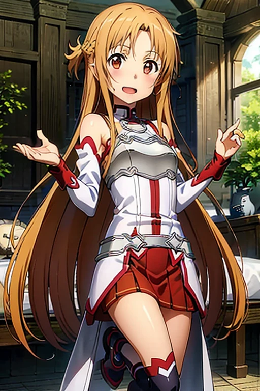 ((Best Quality)), ((masterpiece)), (be familiar with),  perfect face, indoor, bedroom,  watching viewers,
One woman, Yuuki Asuna,
 characters with open mouth ,  ecstatic expression , blush, smile,
Small breasts,  flat chest, , ,  kids, Girl,
Long Hair,  long hair,
Leg spread,