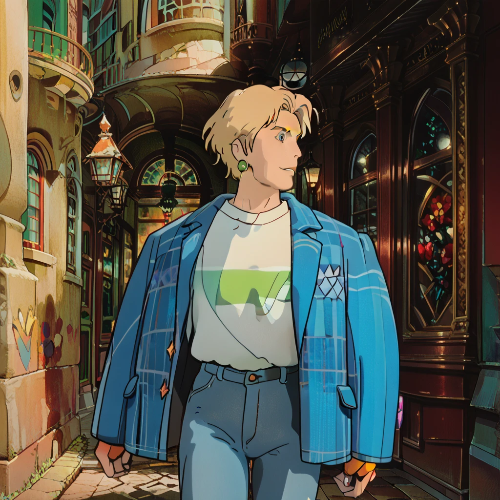 howl from howls moving castle, 1male, blonde hair, green earrings, red and blue checkered coat with golden rims, white shirt, blue jeans, blue eyes, handsome, manwha
