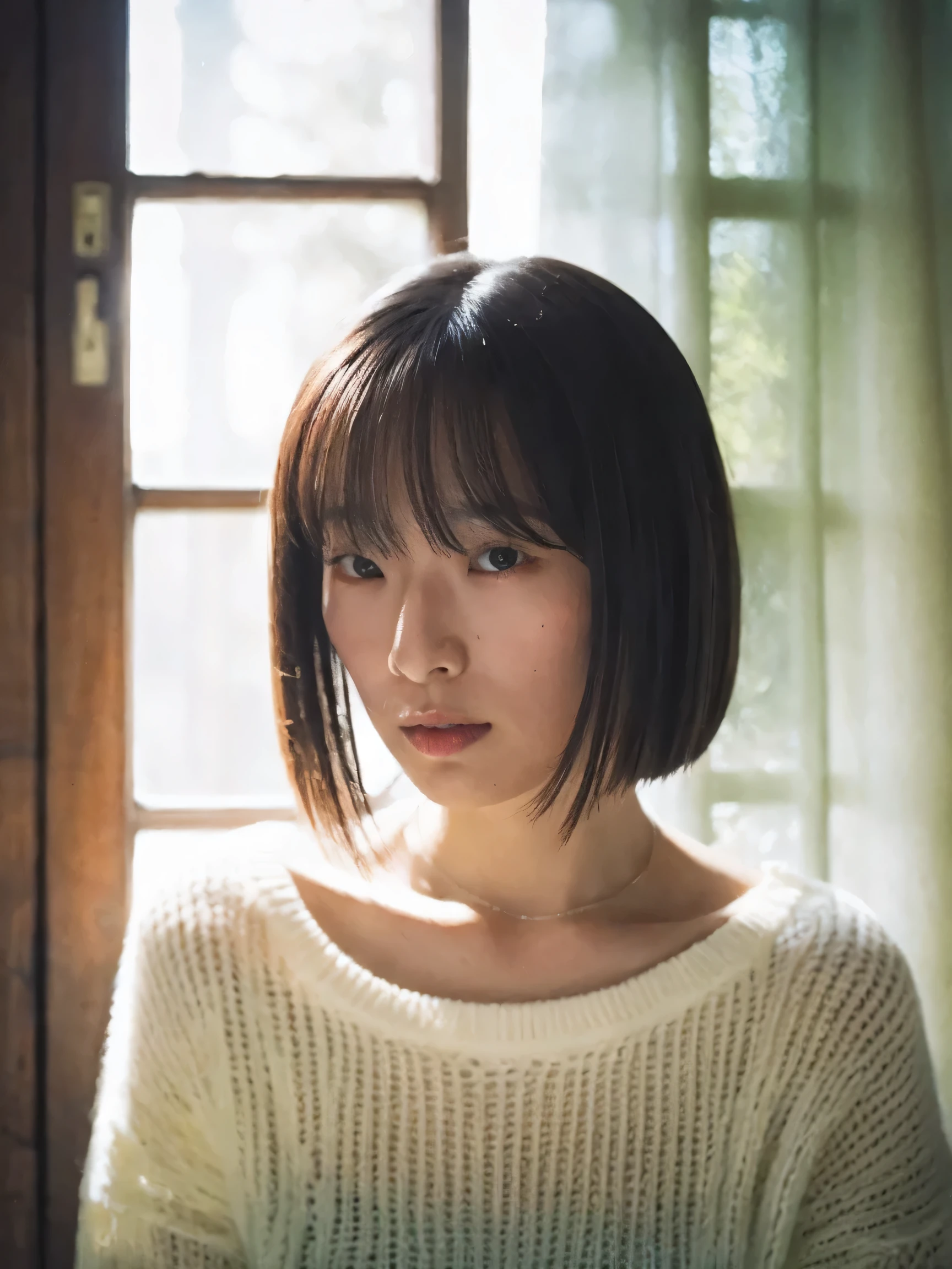 Japanese women, white sweater、Sweaty shiny skin、Young Face, Bob Cut Hair, morning, window, Incomplete details, Shooting with Leica, analog, 35mm:: (Artistic light leakage:1.4), Lens flare::4 - Style Row - AR 2:3 --s 150 --c 4
