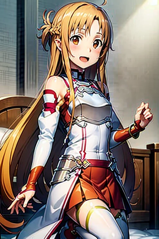 ((Best Quality)), ((masterpiece)), (be familiar with),  perfect face, indoor, bedroom,  watching viewers,
One woman, Yuuki Asuna,
 characters with open mouth ,  ecstatic expression , blush, smile,
Small breasts,  flat chest, , ,  kids, Girl,
Long Hair,  long hair,
Leg spread,