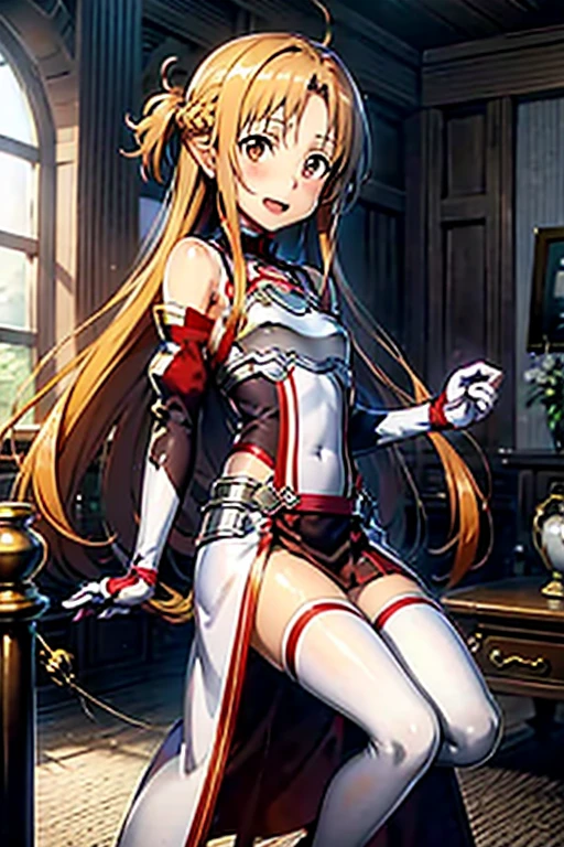 ((Best Quality)), ((masterpiece)), (be familiar with),  perfect face, indoor, bedroom,  watching viewers,
One woman, Yuuki Asuna,
 characters with open mouth ,  ecstatic expression , blush, smile,
Small breasts,  flat chest, , ,  kids, Girl,
Long Hair,  long hair,
Leg spread,