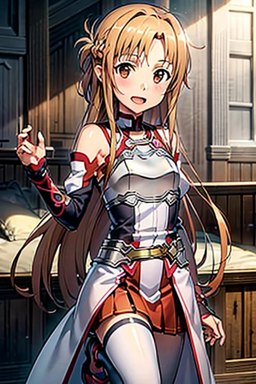 ((Best Quality)), ((masterpiece)), (be familiar with),  perfect face, indoor, bedroom,  watching viewers,
One woman, Yuuki Asuna,
 characters with open mouth ,  ecstatic expression , blush, smile,
Small breasts,  flat chest, , ,  kids, Girl,
Long Hair,  long hair,
Leg spread,