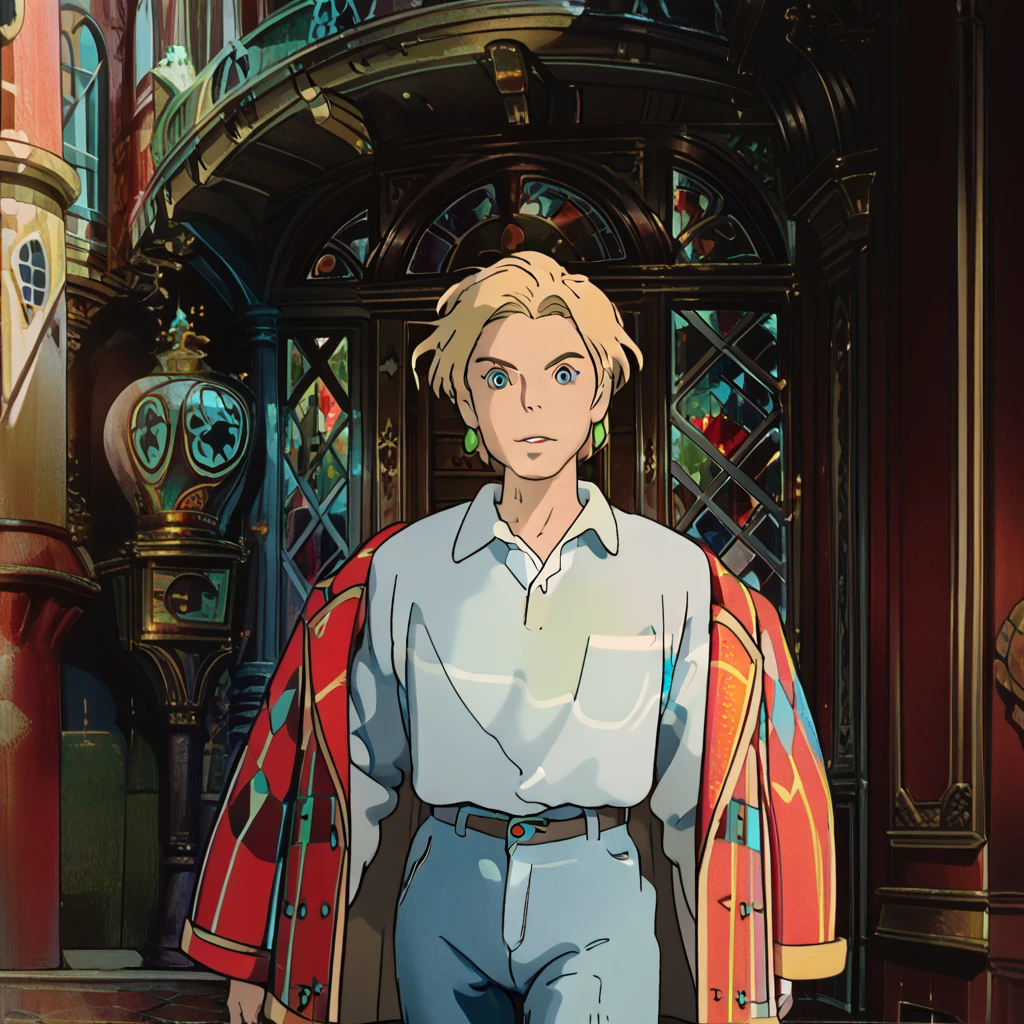 howl from howls moving castle, 1male, blonde hair, green earrings, red and blue checkered coat with golden rims, white shirt, blue jeans, blue eyes, handsome, manwh