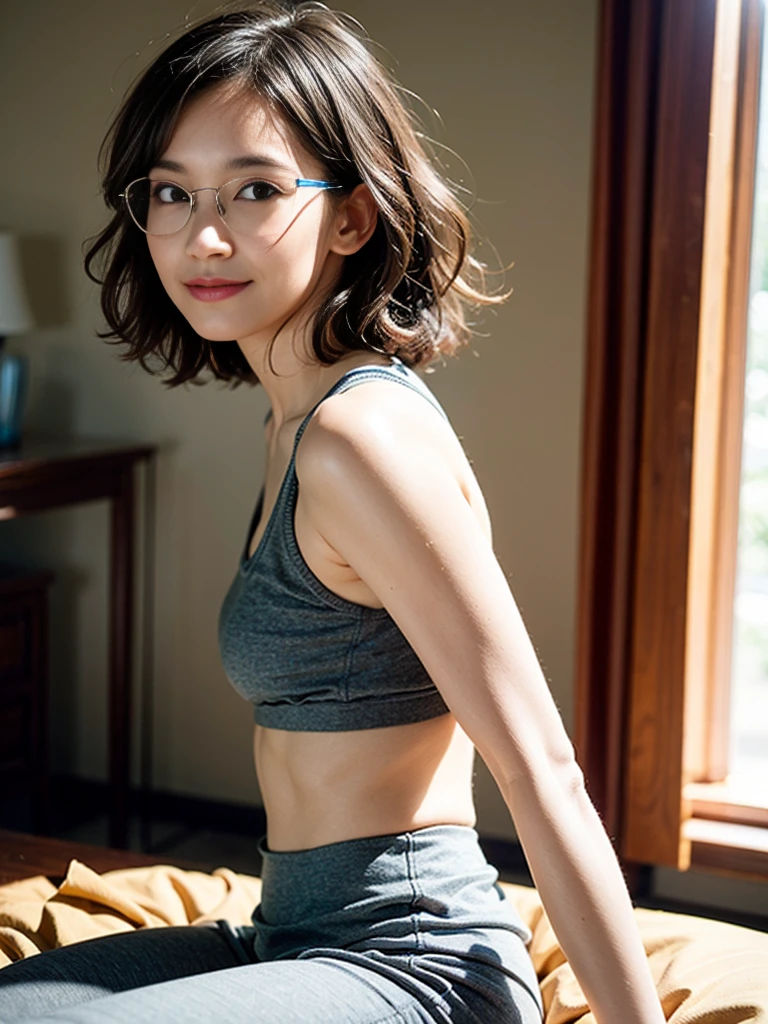 An older woman with glasses and very short hair、He is wearing a revealing, unbuttoned silk stretch shirt.。, Low rise super tight jeans, (Abdominal muscles:1.5)