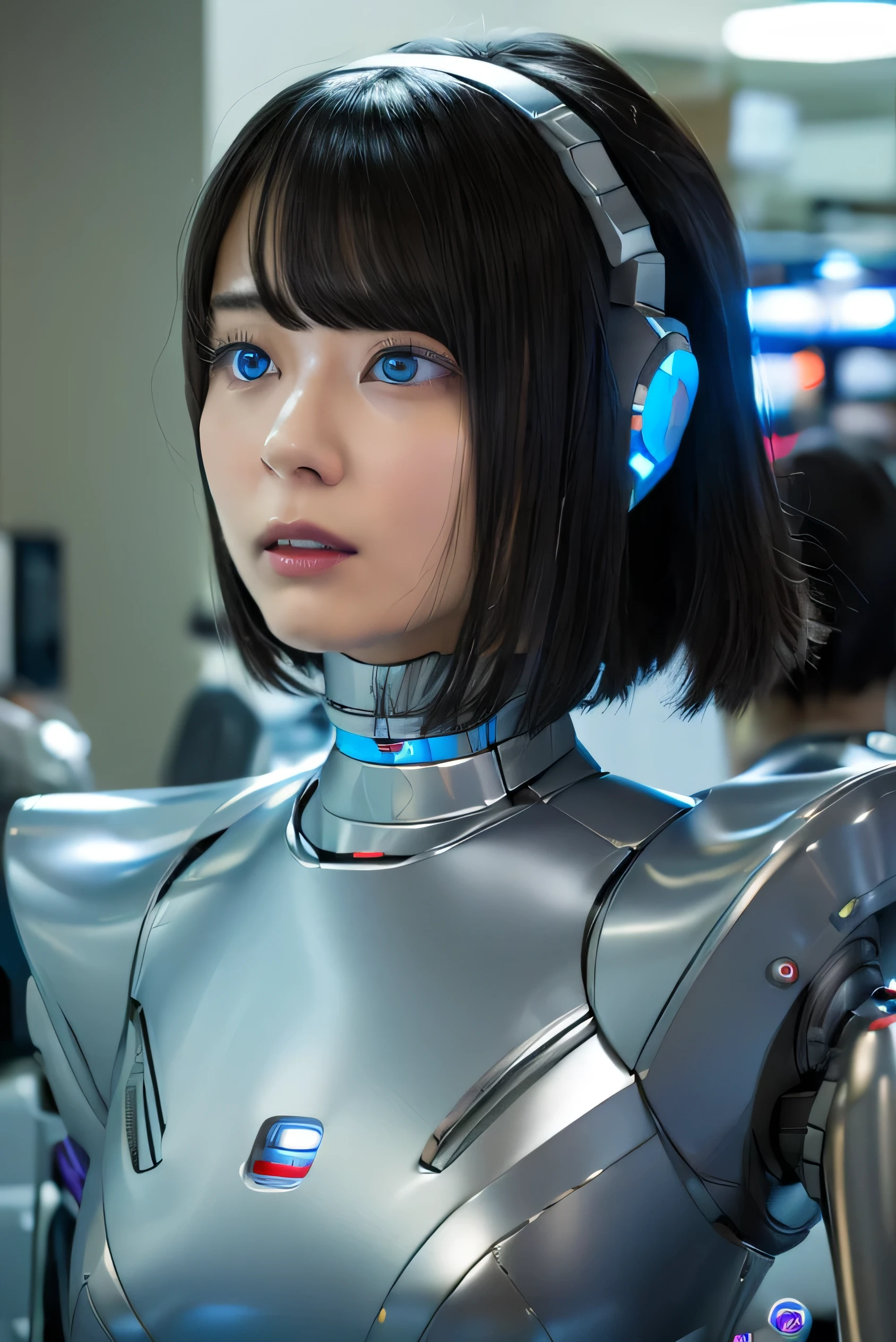 masterpiece, best quality, extremely detailed,  Japaese android girl,Plump , control panels,android,Droid,Mechanical Hand, Robot arms and legs, Black Robot Parts,Black hair,Mechanical body,Blunt bangs,White robotics parts,perfect robot girl,future information counter,reception,long tube,thick cable connected her neck,ceramic body ,mechanical body,mechanical costume,android,robot,humanoid,cyborg,information office,japanese android receptionist ,mechanical chest,blue eyes,office-lady