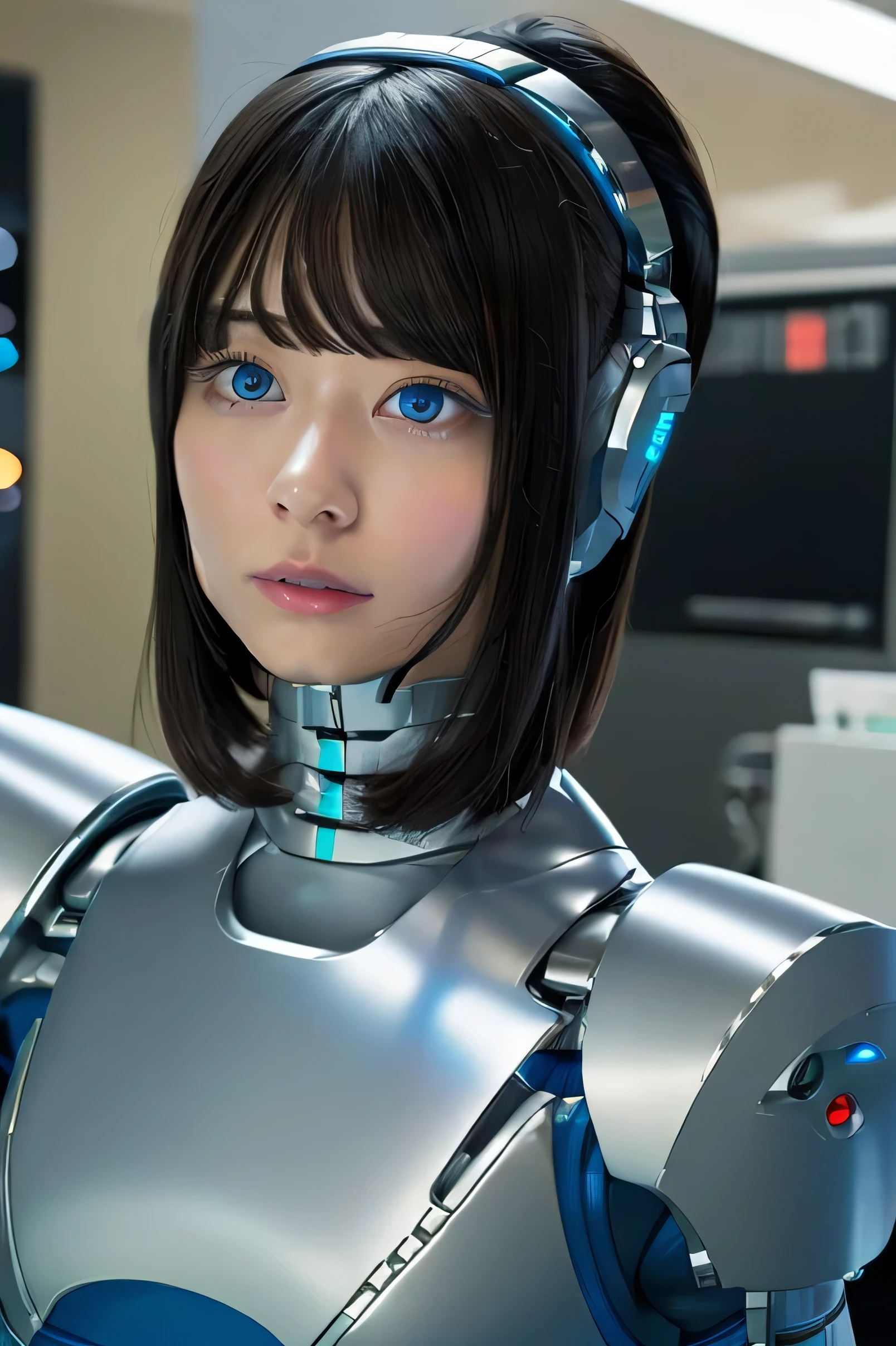 masterpiece, best quality, extremely detailed, Japaese android girl,Plump , control panels,android,Droid,Mechanical Hand, Robot arms and legs, Black Robot Parts,Black hair,Mechanical body,Blunt bangs,White robotics parts,perfect robot girl,future information counter,reception,long tube,thick cable connected her neck,ceramic body ,mechanical body,mechanical costume,android,robot,humanoid,cyborg,information office,japanese android receptionist ,mechanical chest,blue eyes,office-lady
