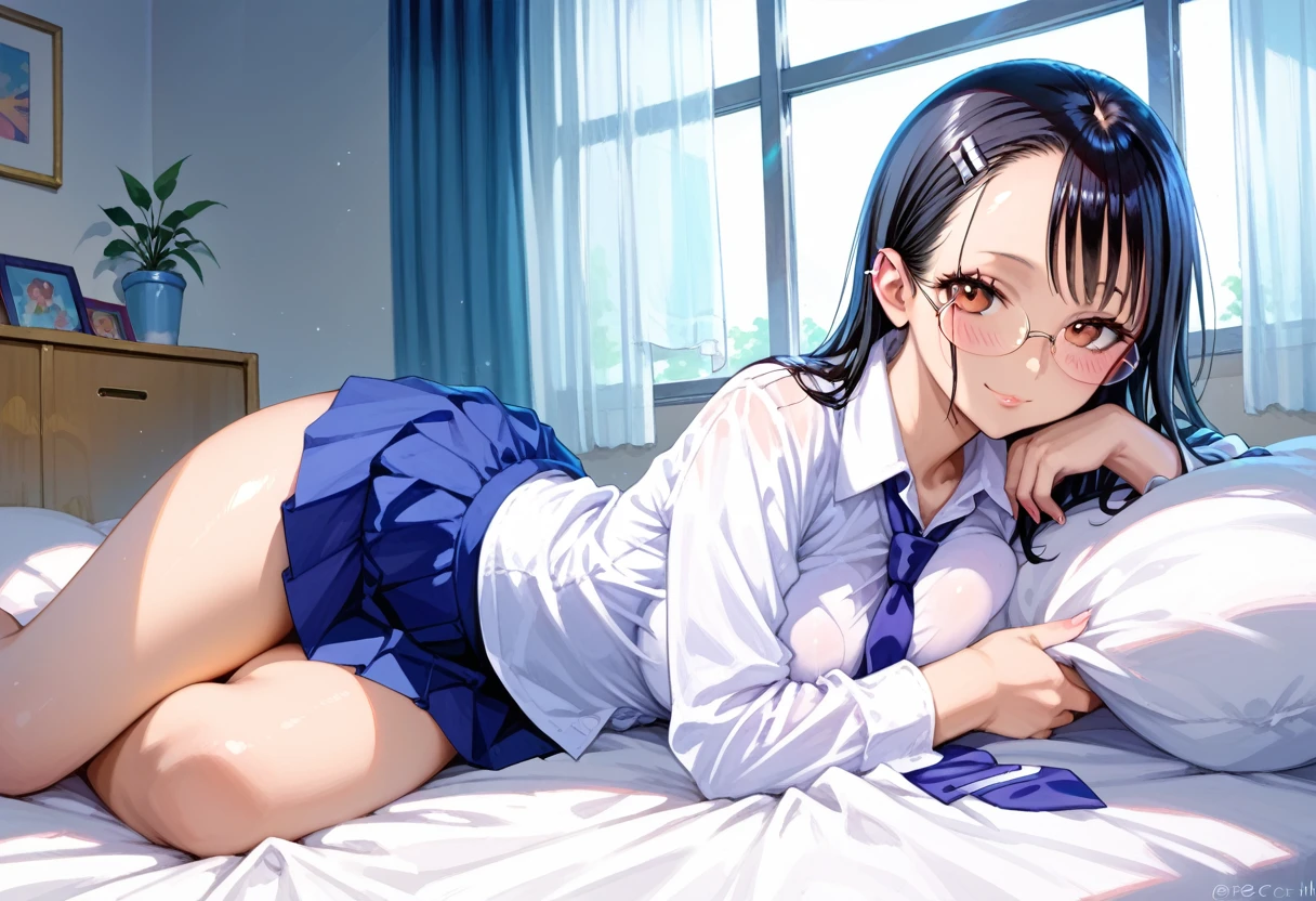 anime girl with glasses and a tie laying on a bed, seductive anime girl, anime moe artstyle, ecchi anime style, hinata hyuga, rumiko, hyperrealistic schoolgirl, beautiful alluring anime teen, !!wearing glasses!!, nico robin, full res, realistic schoolgirl, a hyperrealistic schoolgirl, nagatoro
