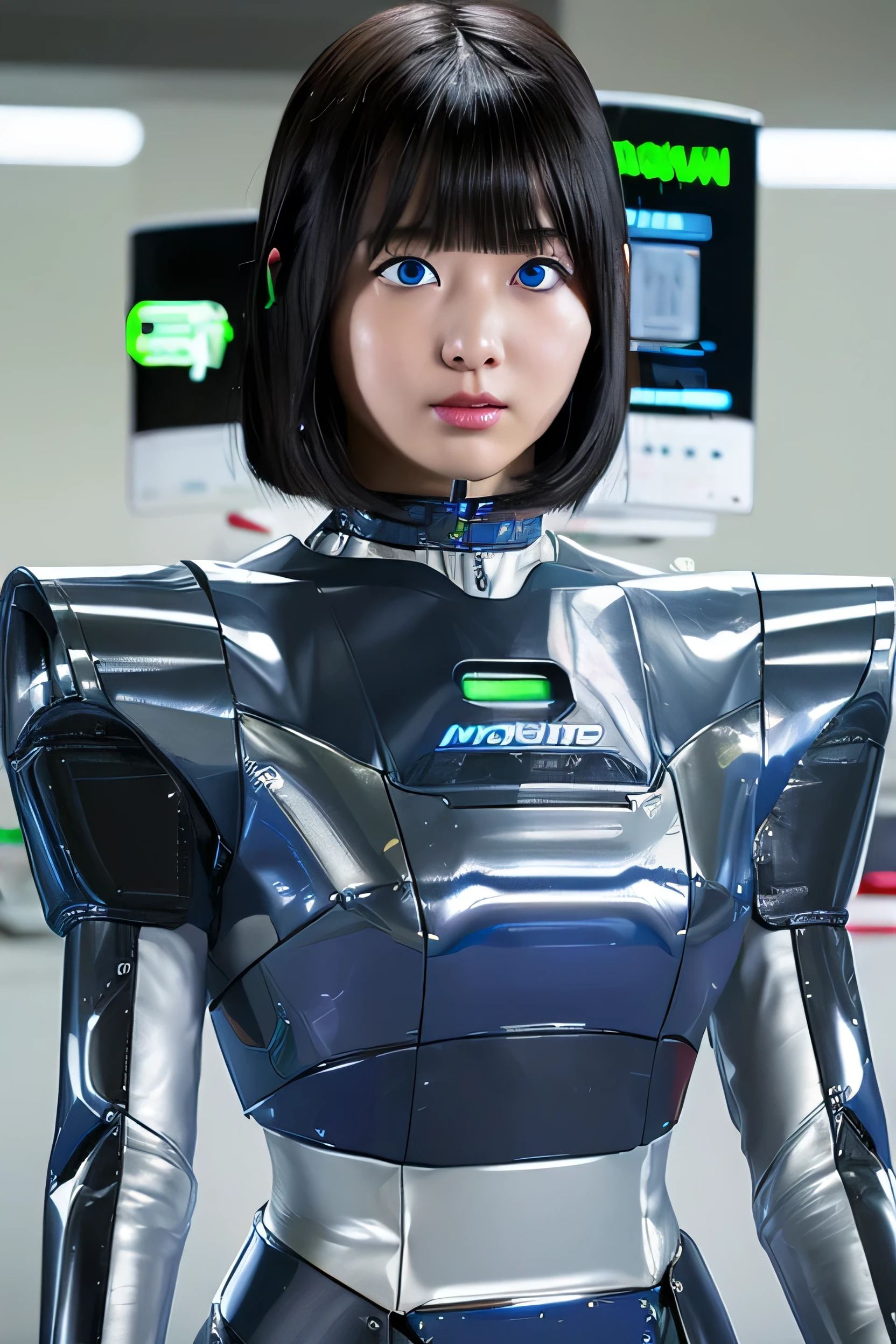 masterpiece, best quality, extremely detailed,  Japaese android girl,Plump , control panels,android,Droid,Mechanical Hand, Robot arms and legs, Black Robot Parts,Black hair,Mechanical body,Blunt bangs,White robotics parts,perfect robot girl,future information counter,reception,long tube,thick cable connected her neck,ceramic body ,mechanical body,mechanical costume,android,robot,humanoid,cyborg,information office,japanese android receptionist ,mechanical chest,blue eyes,office-lady