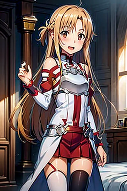 ((Best Quality)), ((masterpiece)), (be familiar with),  perfect face, indoor, bedroom,  watching viewers,
One woman, Yuuki Asuna,
 characters with open mouth ,  ecstatic expression , blush, smile,
Small breasts,  flat chest, , ,  kids, Girl,
Long Hair,  long hair,
Leg spread,