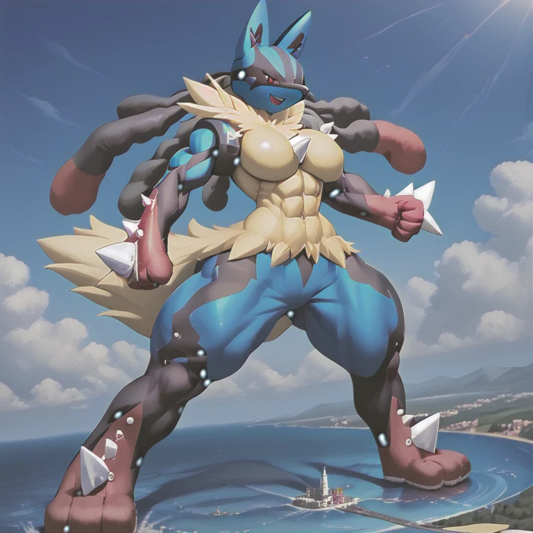 (masterpiece. official art. 8k. best quality. detailed full body. full body.)

(situation 1 : dominating Mega_Lucario. Mega_Lucario is over 1000 meters long. focus GIANT mechanical Muscular Mega_Lucario is trampling the city. Looking down. macro. stomp. Low-angle perspective. emphasizing the immense size.)

(Additional details 2: Detailed head. Detailed Body. Detailed abs. gigantic muscles. HYPER MUSCLES. Gigachad Muscular. big muscle. pecs. triceps. traps. unusually developed muscular body. body full of huge muscles. showing off muscles. pectorales enormes. Exaggeratedly huge muscles. huge muscles. long legs.).

(Megacario, pokemon)

(blue skin, yellow fur,)
(An arrogant expression. smile at the corner of your mouth.)
No nipples. 