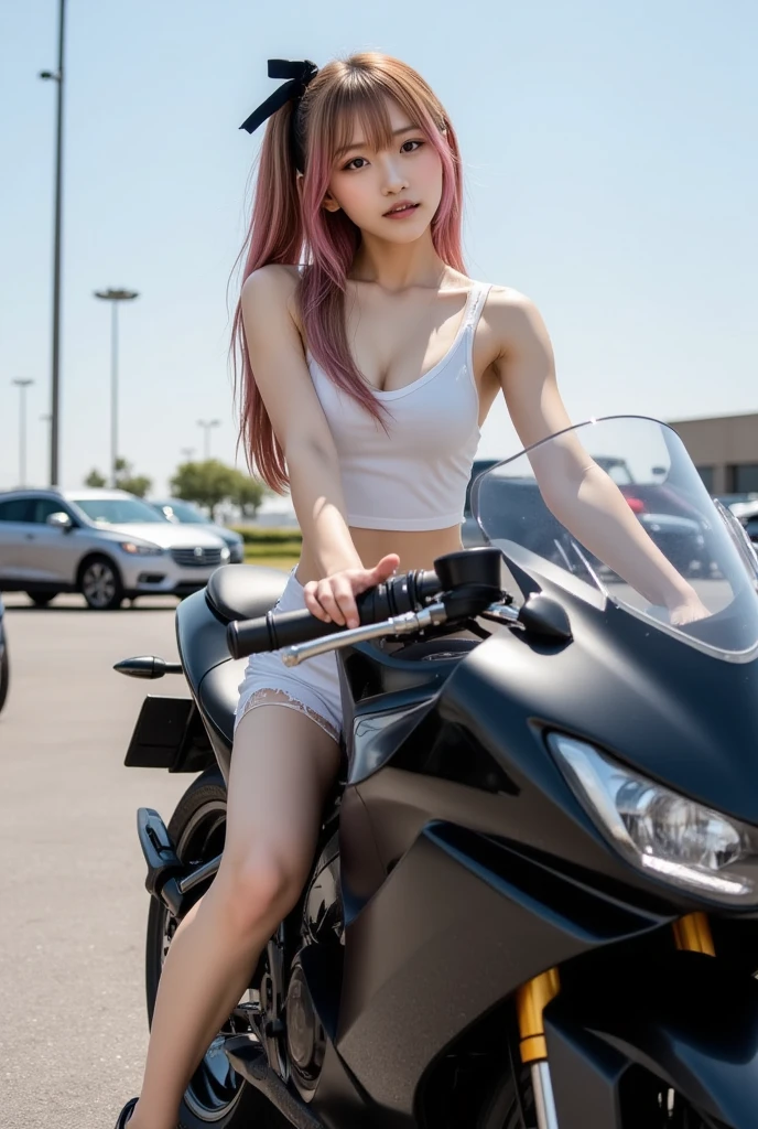 top-quality、超A high resolution、1人、Black tight skirt、Black choker、(huge-breasted:1.2)、high-heels, Riding a motorcycle, Pink short hair, White swimsuit, Photo, The background is the sea,Live Action,japanes