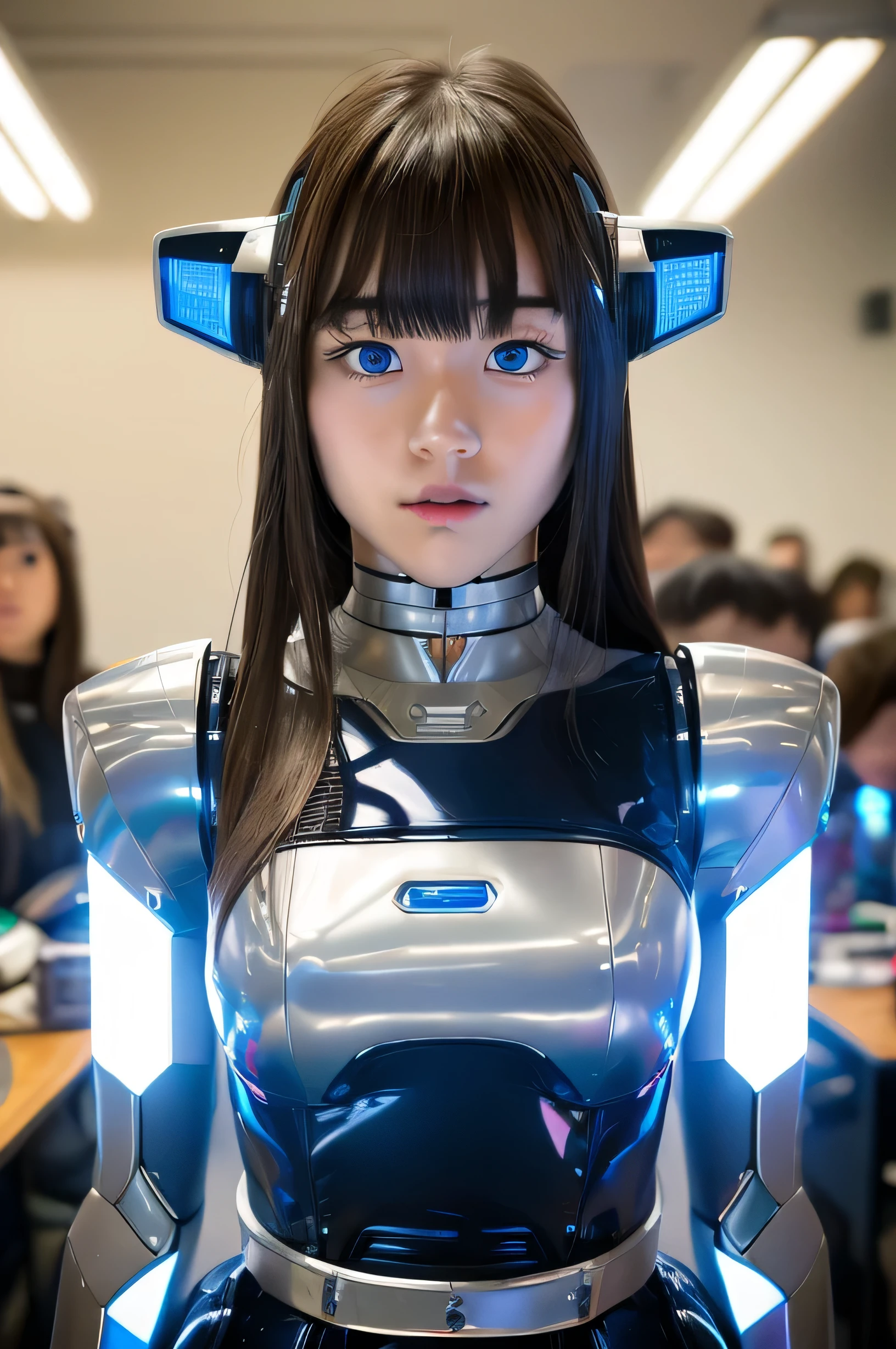 masterpiece, best quality, extremely detailed,portrait, Japanese android girl,ager,18 years old,highschool student,Blunt bangs,perfect teen robot,Japanese highschool uniformPlump ,control panels,robot arms,robot,android,cyborg,white robot body,charging spot,blunt bangs,blue eyes