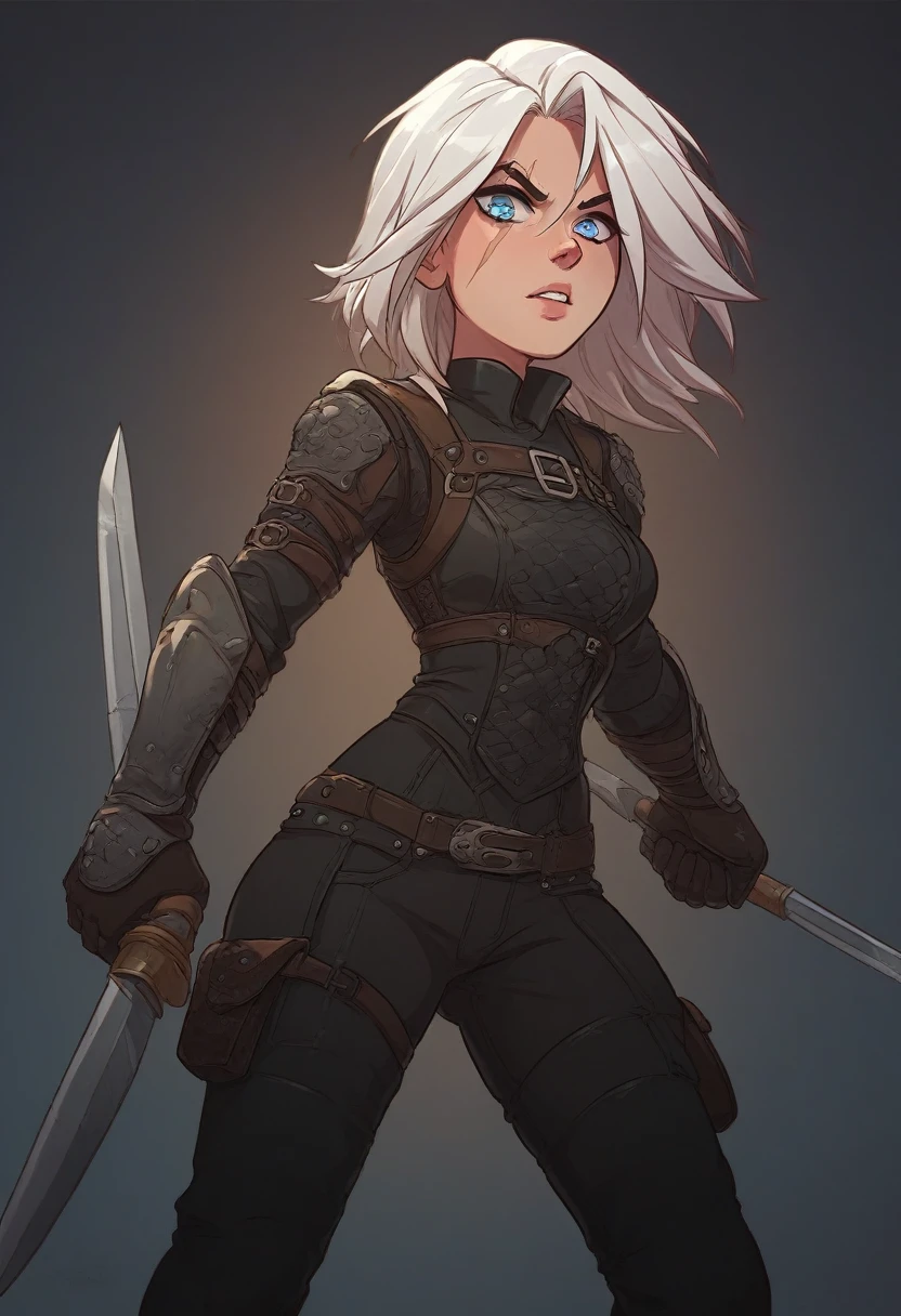 drawing of a young female rogue with white hair and a scar over her face, she has blue eyes, she is wearing a leather armor in nordic style and is dual wielding two daggers