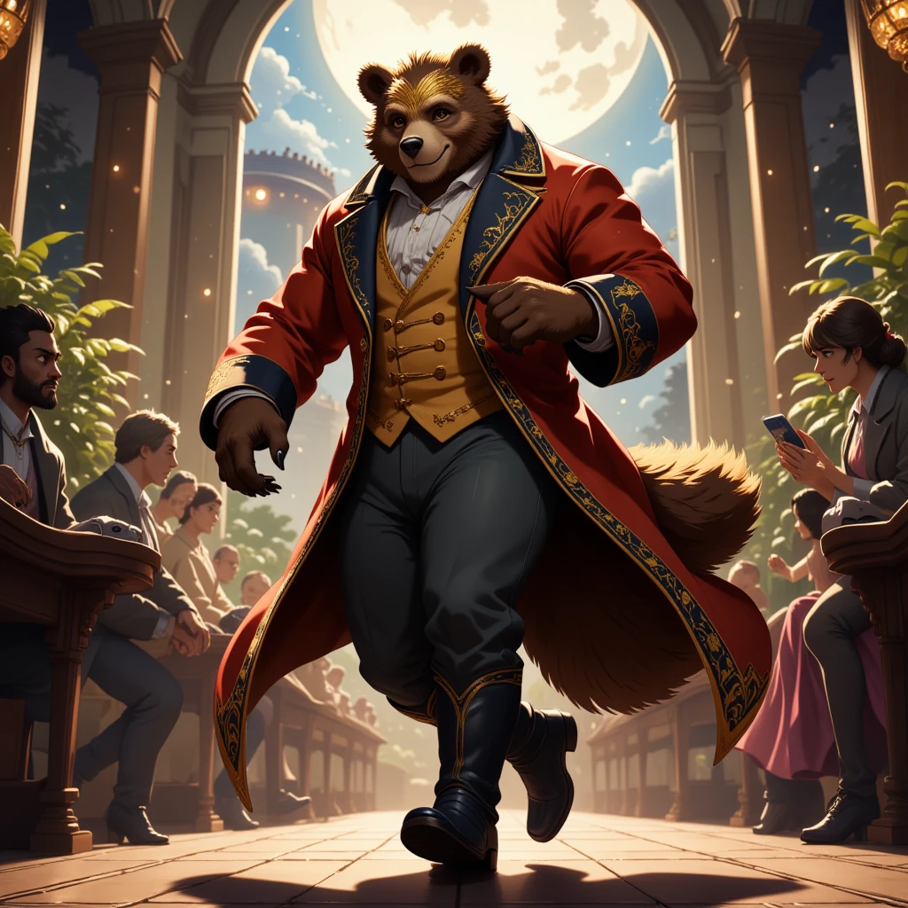 masquerade, a middle-aged bear man, light smile, clothed, flamboyant, pants, boots, beautiful mask, tailcoat, dancing, detailed painting landscape, moonlit night, grand ballroom, indoor, BREAK full body in Michelangelo Buonarroti style, housamo style, digital illustration anime, character focus, full body, looking away, dynamic angle, niji6, BREAK complete anatomy, perfect proportions, beautiful thigh gap, fluffy body, intricate fur details, beautiful fur texture, BREAK (a detailed bear 1tail), detailed boots, beautiful foot, detailed hands, 5fingers, 5fingers nails, BREAK aesthetic anime face, insanity detailed face, male face, big face, square jawline, aesthetic anime eyes, detailed brown eyes, detailed brown cornea, detailed dark brown irises, detailed pupils, male eyes, big eyes, male eyebrows, innocent look, beautiful beard, BREAK masterpiece, official art, best quality, very aesthetic, absurdres, super fine illustration, great quality, BREAK noise reduction, very highres, large filesize, high quality, 32K, 8k wallpaper, dynamic lighting, BREAK insanity detailed, ultra detailed, intricate details, extremely detailed, detailed texture, an extremely delicate and beautiful, full color, HDR, BREAK e621 illustration, osukemo, kemohomo, anthropomorphic, furry, cartoon, harmonious eyes, pastoral face, virtuous body, epic atmosphere