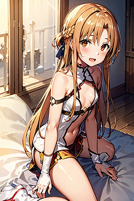 ((Best Quality)), ((masterpiece)), (be familiar with),  perfect face, indoor, bedroom,  watching viewers,
One woman, Yuuki Asuna,
 characters with open mouth ,  ecstatic expression , blush, smile,
Small breasts,  flat chest, , ,  kids, Girl,
Long Hair,  long hair,
Leg spread,