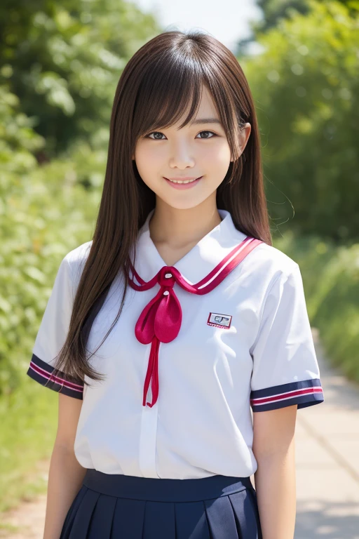  High Quality Masterpiece , 8k,    Japanese Girls,     RAW photo,  Winner portrait smile face, 笑face, Alone, uniform, Summer Clothes Idol&#39;face, violet, Gardenia,     delicate girl,                    long black hair    , Dark Eyes, Upper body digital SLR, Frank, Sophisticated,  Thin arms,   Perfect for professional writing    ,    chromatic ablation   , (Details of the eye and face: 1.0), (Bokeh button:1.1)