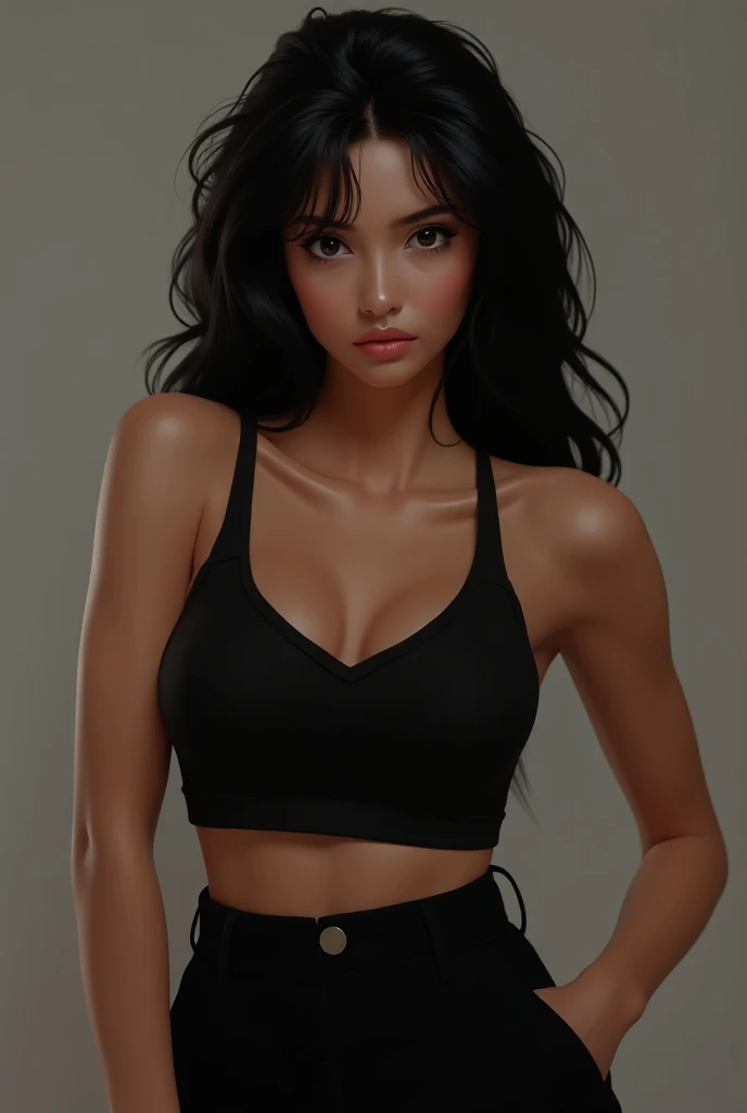 ((masterpiece, best quality)), Curvy Blasian woman with long black hair, (( in white tanktop and white high cut panties)), (brown eyes), standing in bathroom, looking off camera, realistic art style, intricate details