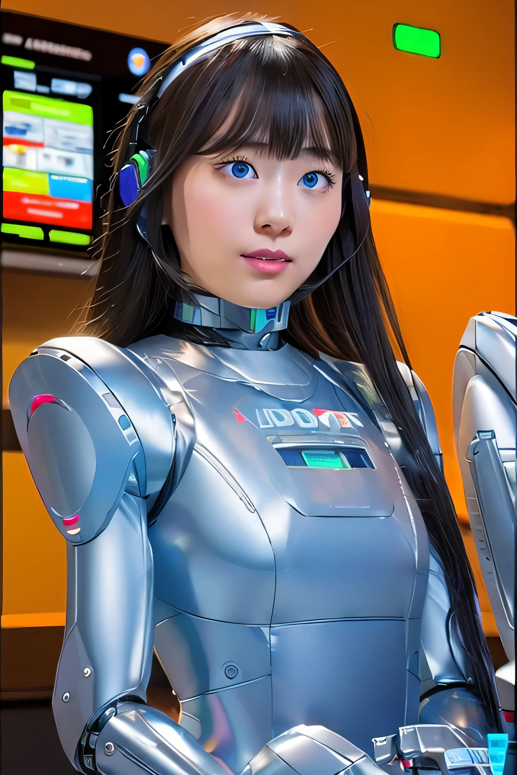 masterpiece, best quality, extremely detailed, Japaese android girl,Plump , control panels,android,Droid,Mechanical Hand, Robot arms and legs, Black Robot Parts,Black hair,Mechanical body,Blunt bangs,White robotics parts,perfect robot girl,future information counter,reception,long tube,thick cable connected her neck,ceramic body ,mechanical body,mechanical costume,android,robot,humanoid,cyborg,information office,japanese android receptionist ,mechanical chest,blue eyes,office-lady