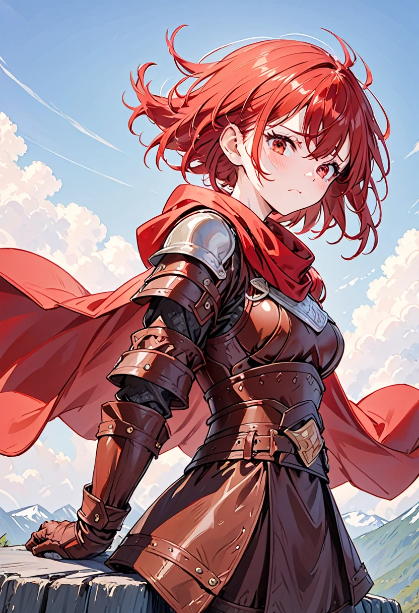 red hair, human skin,  red eyes,  red cape , Viking leather armor ,  looks down on the viewer from top to bottom, hands on waist, tsundere