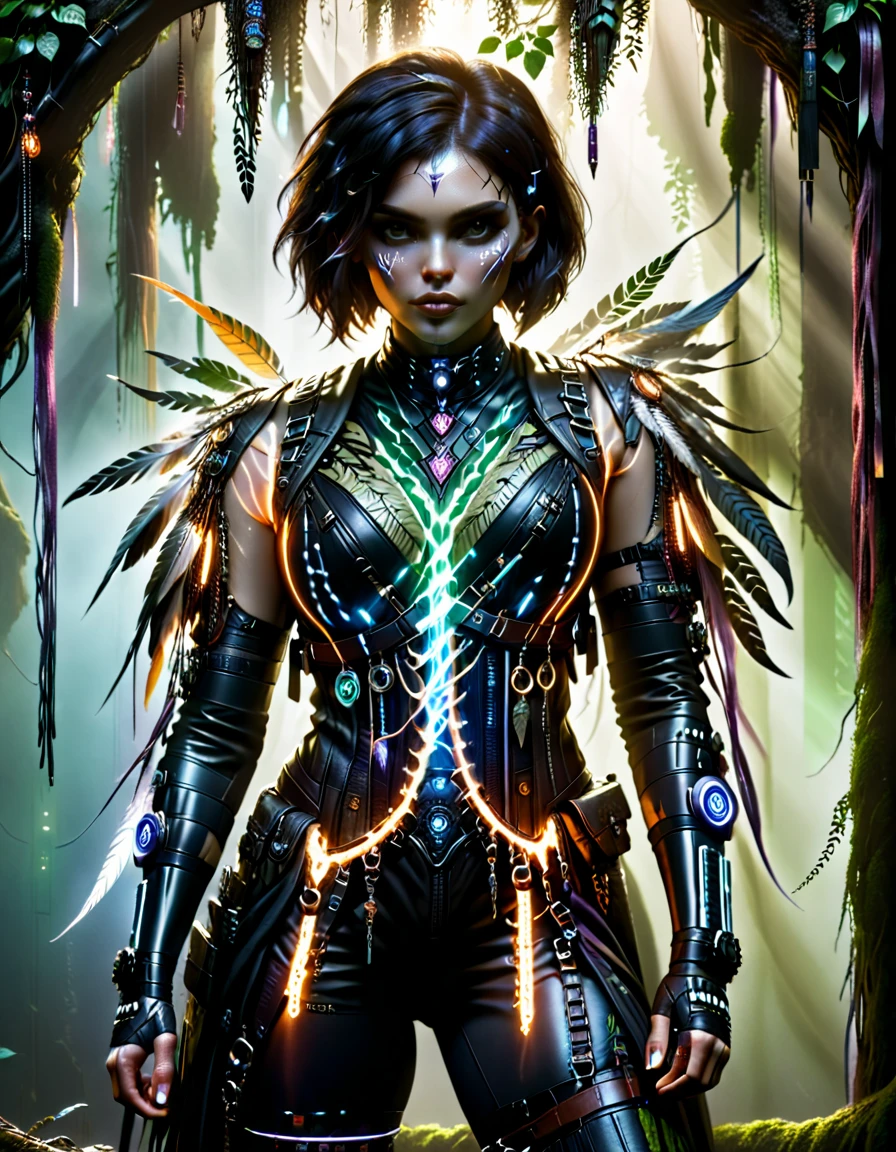 noface, cyborg, cybershaman, cyberpunk, leather vest, neonbody, holodrift, close-up, portrait, magic floating in the air, feathers, talisman, dynamic pose, dark cave, fog, steam, moss, ivy, light rays masterpiece, best quality, ultra high res, (photorealistic, realistic:1.2), deep shadow, raw photo, film grain, Fujifilm XT3, 8k uhd, dslr