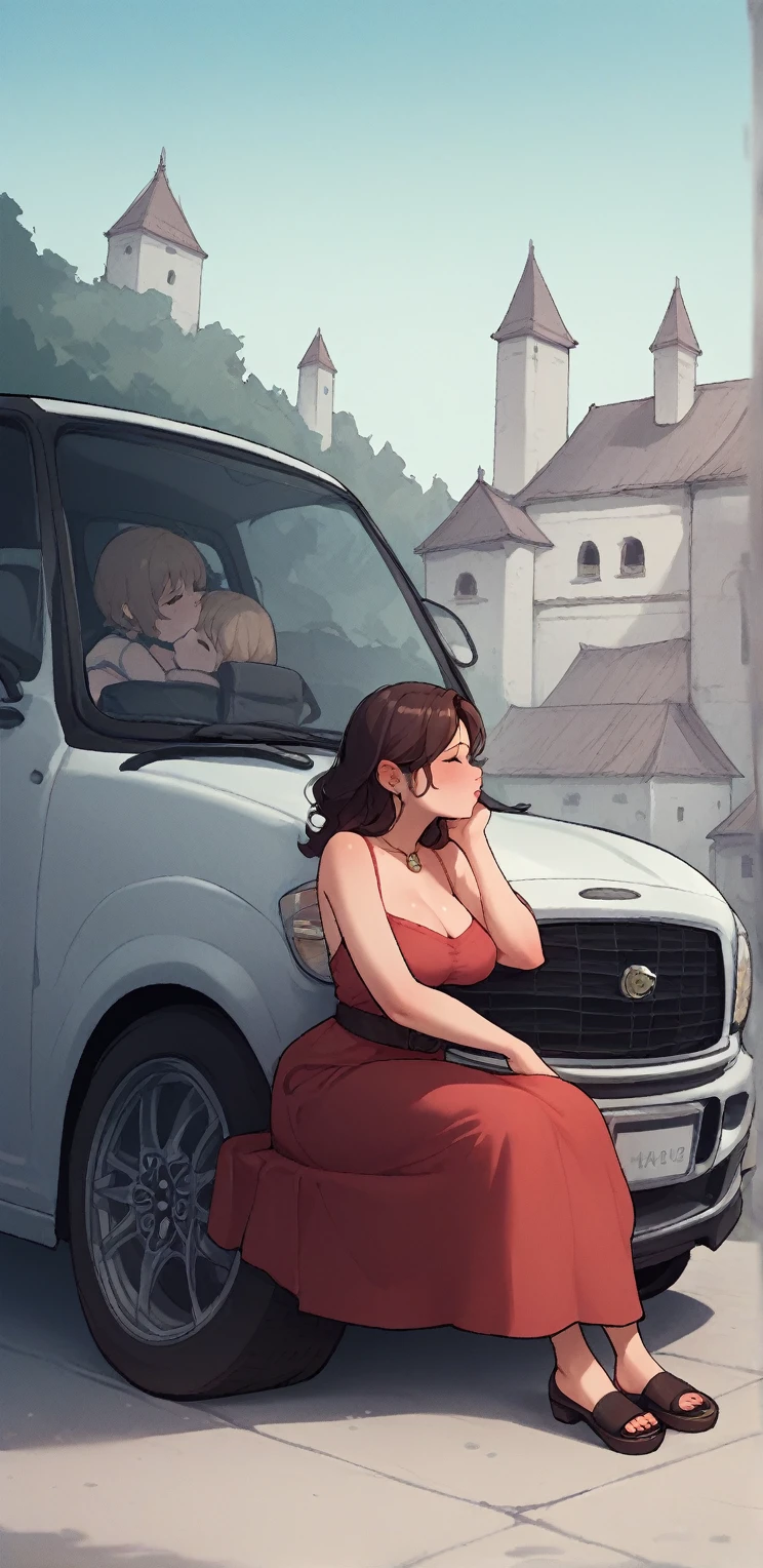  score_9,  score_8_up,  score_7_up,  score_6_up,  score_5_up,  score_4_up,  big breasts at the temple, young girl,Bare Shoulder, loose dress, Knight , city, Out-of-house lock bone, car, Sit on top car, dress slipping , Lean in to give a kiss,