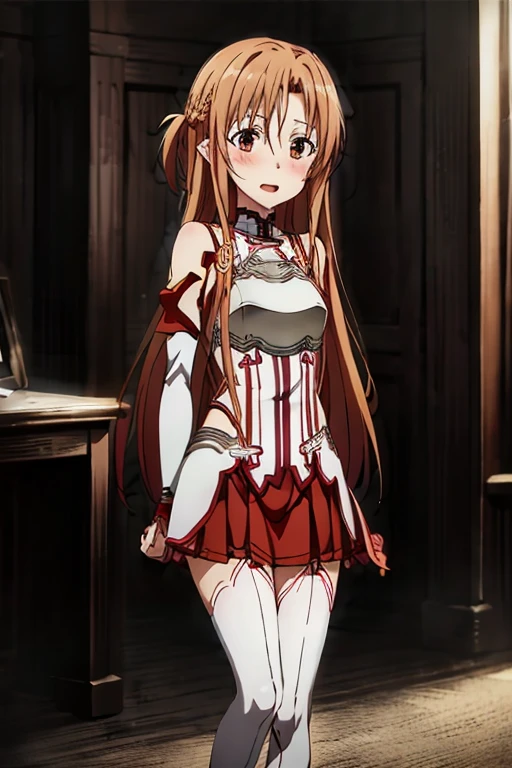 ((Best Quality)), ((masterpiece)), (be familiar with),  perfect face, indoor, bedroom,  watching viewers,
One woman, Yuuki Asuna,
 characters with open mouth ,  ecstatic expression , blush, smile,
Small breasts,  flat chest, , ,  kids, Girl,
Long Hair,  long hair,
Leg spread,