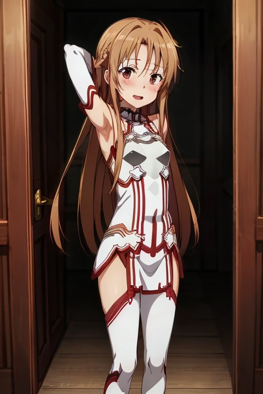 ((Best Quality)), ((masterpiece)), (be familiar with),  perfect face, indoor, bedroom,  watching viewers,
One woman, Yuuki Asuna,
 characters with open mouth ,  ecstatic expression , blush, smile,
Small breasts,  flat chest, , ,  kids, Girl,
Long Hair,  long hair,
Leg spread,