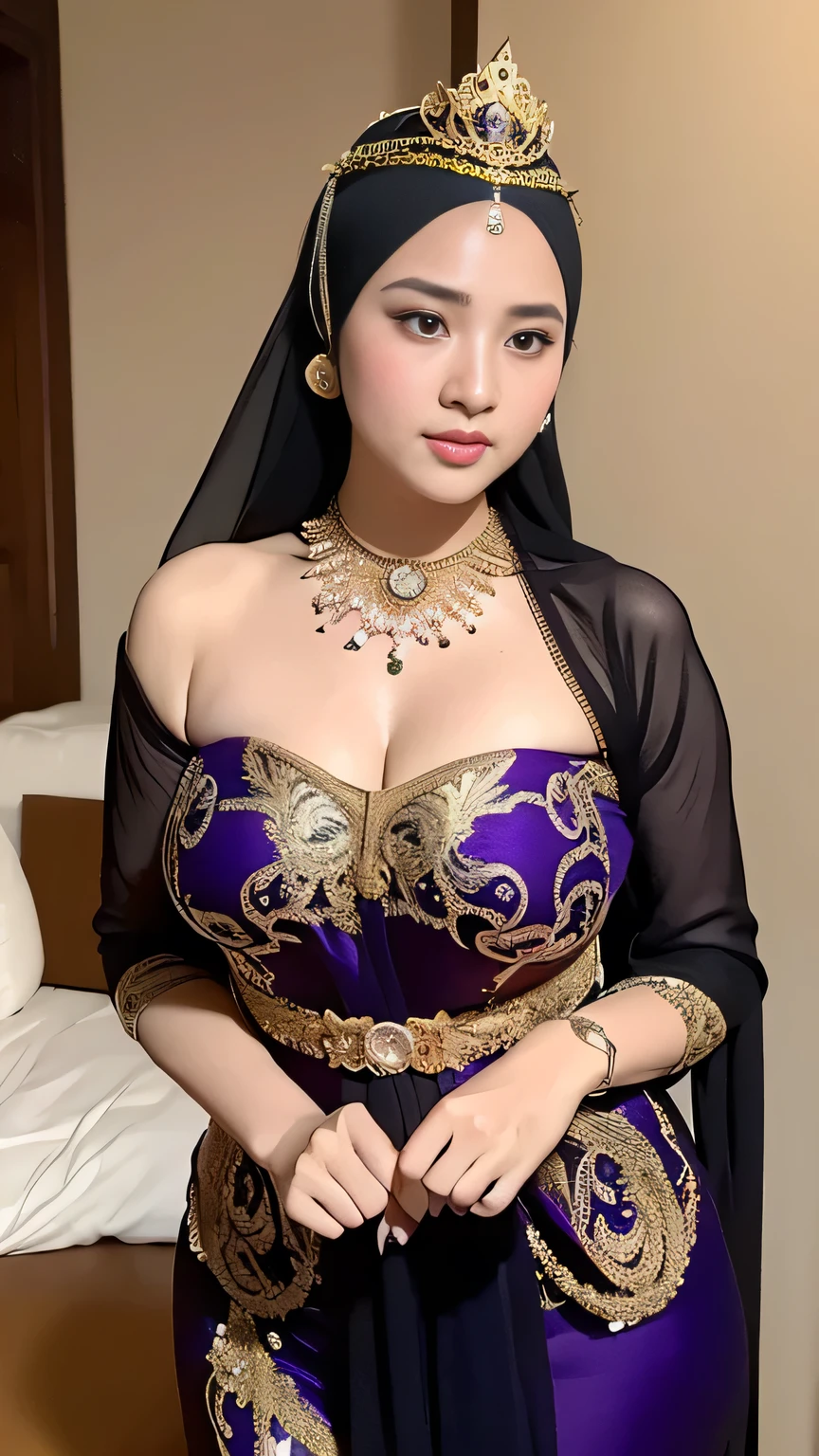 (best quality,4k,highres,masterpiece:1.2),ultra-detailed,realistic:1.37,beautiful and regal Javanese queen with hijab,dark and luxurious palace backdrop,beautiful detailed eyes and face,long eyelashes,voluptuous and curvy figure,exquisite jewelry and accessories,ornate and intricate patterned textiles,dazzling crown and royal attire,golden light illuminating the scene,vibrant and vivid color palette,soft and ethereal lighting,confident and alluring expression,graceful and elegant pose,serene and majestic atmosphere,rich cultural elements and symbols,meticulously captured body contours,subtle and tasteful sensuality,endless attention to every detail,romantic and dreamlike ambiance,artistic interpretation of beauty,stylish and sophisticated composition.