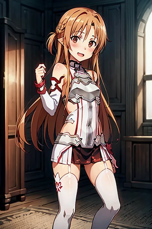 ((Best Quality)), ((masterpiece)), (be familiar with),  perfect face, indoor, bedroom,  watching viewers,
One woman, Yuuki Asuna,
 characters with open mouth ,  ecstatic expression , blush, smile,
Small breasts,  flat chest, , ,  kids, Girl,
Long Hair,  long hair,
Leg spread,