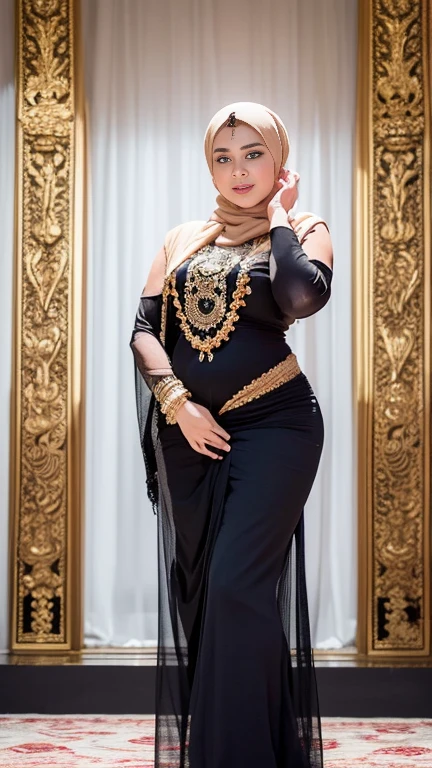 (best quality,4k,highres,masterpiece:1.2),ultra-detailed,realistic:1.37,beautiful and regal Javanese queen with hijab,dark and luxurious palace backdrop,beautiful detailed eyes and face,long eyelashes,voluptuous and curvy figure,exquisite jewelry and accessories,ornate and intricate patterned textiles,dazzling crown and royal attire,golden light illuminating the scene,vibrant and vivid color palette,soft and ethereal lighting,confident and alluring expression,graceful and elegant pose,serene and majestic atmosphere,rich cultural elements and symbols,meticulously captured body contours,subtle and tasteful sensuality,endless attention to every detail,romantic and dreamlike ambiance,artistic interpretation of beauty,stylish and sophisticated composition.