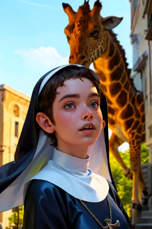 a giraffe dressed in a nun costume posing for a picture, nun outfit, angelawhite, nun, nun fashion model, thicc, angela white, inspired by Master of the Legend of Saint Lucy, an evil nun, patron saint of 🛸🌈👩🏾, vampire nun, rubenesque, heavy vignette!, nun fashion model looking up, (best quality,4k,8k,highres,masterpiece:1.2),ultra-detailed,(realistic,photorealistic,photo-realistic:1.37),HDR,UHD,studio lighting,ultra-fine painting,sharp focus,physically-based rendering,extreme detail description,professional,vivid colors,bokeh,horror,dark fantasy,dark art