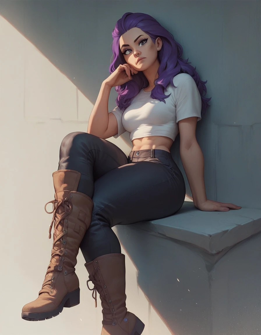 Leela, purple hair, 1 EYE, white regatta,  black pants , boots,  thick thighs ,  looking at the viewer , HEAD ON,  medium breasts 