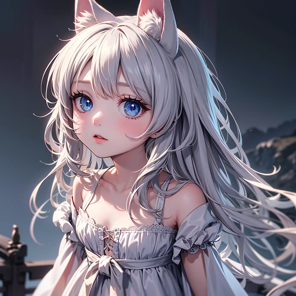 silver hair, dog ears, white dress,wavy hair,delicate features quiet gaze,beautiful half body illustration,beautiful backgraund,atmospheric lighting,sharp focus,cute face,reduce saturation,fine detailed face,small nose and mouth,volumetric top lighting,bold line painting, soft shadow,solo,small breasts,flat tits,Lolita,short height,skinny girl,blue eyes,animal ears,
