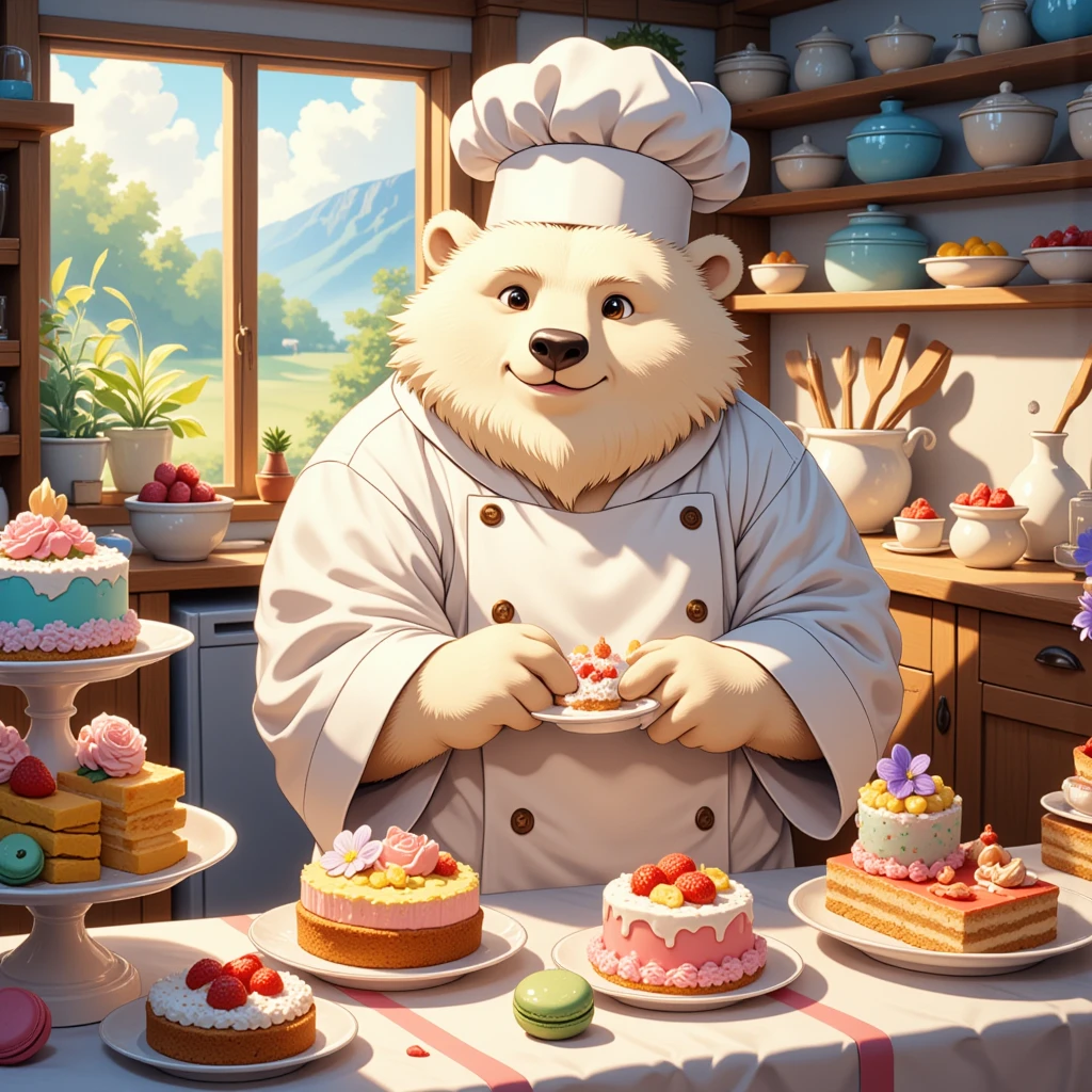 pastry chef, a plump middle-aged polar bear man, full body in Michelangelo Buonarroti style, housamo style, digital illustration anime, character focus, full body, looking away, dynamic angle, BREAK happy, little smile, chef's hat, costume, boots, cook a cake, a beautiful pastel-colored patisserie, intricate and delicate cakes, delicate floral decorations, perfectly arranged dessert display, assorted fruits, sugar flowers, macarons, cupcakes, tarts, sweet treats, dynamic pose, detailed painting landscape, morning, patisserie, kitchen, kitchen table, indoor, france, BREAK complete anatomy, perfect proportions, beautiful thigh gap, fluffy body, intricate fur details, beautiful fur texture, BREAK detailed polar bear tail, detailed boots, detailed hands, 5fingers, 5fingers nails, BREAK aesthetic anime face, insanity detailed face, male face, big face, square jawline, aesthetic anime eyes, detailed brown eyes, detailed brown cornea, detailed dark brown irises, detailed pupils, male eyes, big eyes, male eyebrows, innocent look, beautiful beard, BREAK masterpiece, official art, best quality, very aesthetic, absurdres, super fine illustration, great quality, BREAK noise reduction, very highres, large filesize, high quality, 32K, 8k wallpaper, dynamic lighting, BREAK insanity detailed, ultra detailed, intricate details, extremely detailed, detailed texture, an extremely delicate and beautiful, full color, HDR, BREAK e621 illustration, osukemo, kemohomo, anthropomorphic, furry, cartoon, harmonious, pastoral, virtuous