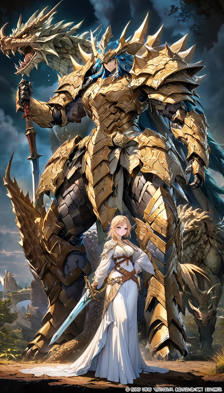  sword with low temperature abilities and a character in the Sword ,  The concept art for 、 Huang Shen, a woman in a long dress with a sword and a dragon ,  pixiv Contest Winner , What is it?？, Dragon Knight, , Dragon Ancient Full Plate Armor, Dragon Armor,  wears Monster Hunter armor, Opal Armor,  Official Artwork , high detailed  Official Artwork ,  draconic looking armor, Mecha style Greek god