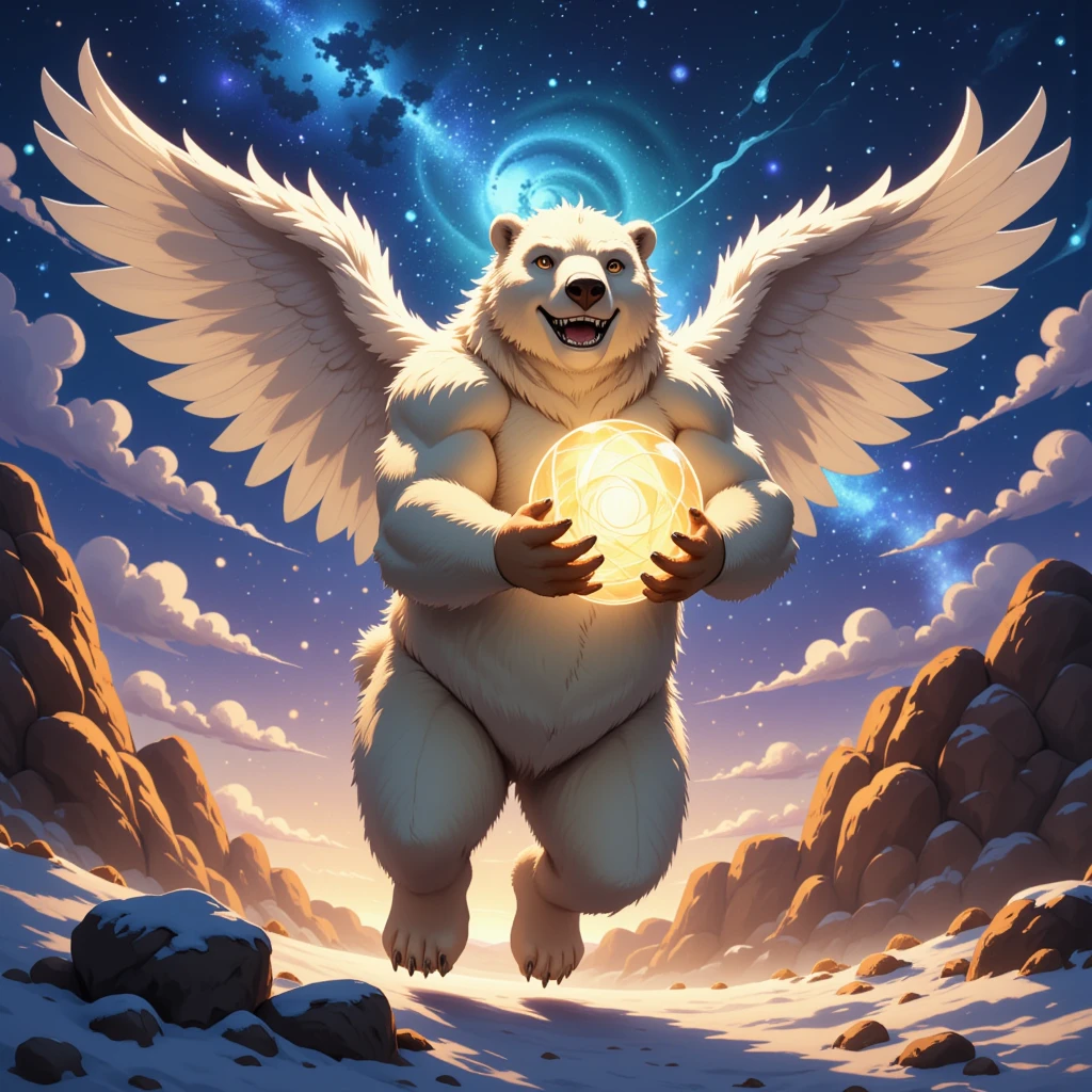 character focus, full body, looking away, dynamic angle, SFW, angel, a muscular middle-aged polar bear man, angel wings, happy, light smile, clothed, costume, armor, rushing wind, hold with both hands quantum electromagnetic life form sacred sphere, spinning fly, dynamic pose, BREAK complete anatomy, perfect proportions, beautiful thigh gap, fluffy body, intricate fur details, beautiful fur texture, BREAK a detailed bear tail, detailed toe, 5toes, 5toes nails, beautiful foot, detailed hands, 5fingers, 5fingers nails, BREAK cute face, aesthetic anime face, insanity detailed face, male face, big face, square jawline, aesthetic anime eyes, detailed brown eyes, detailed brown cornea, detailed dark brown irises, detailed pupils, male eyes, big eyes, male eyebrows, innocent look, beautiful beard, BREAK full body in Michelangelo Buonarroti style, digital illustration anime, housamo style, detailed painting landscape, twilight, kaleidoscopic swirls, france, outdoor, full body, HDR, BREAK masterpiece, official art, best quality, very aesthetic, absurdres, super fine illustration, great quality, BREAK noise reduction, very highres, large filesize, high quality, 32K, 8k wallpaper, dynamic lighting, BREAK insanity detailed, ultra detailed, intricate details, extremely detailed, detailed texture, an extremely delicate and beautiful, BREAK osukemo, e621 illustration, kemohomo, anthropomorphic, furry, cartoon, harmonious body, pastoral face, virtuous eyes, epic atmosphere