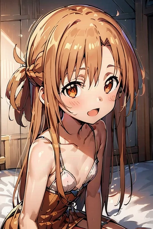 ((Best Quality)), ((masterpiece)), (be familiar with),  perfect face, indoor, bedroom,  watching viewers,
One woman, Yuuki Asuna,
 characters with open mouth ,  ecstatic expression , blush, smile,
Small breasts,  flat chest, , ,  kids, Girl,
Long Hair,  long hair,
Leg spread,